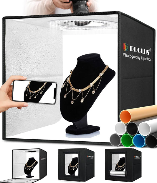 DUCLUS Light Box Photography, 16x16 inch Portable Photo Studio Box with 160 LED Dimmable Lights, 6 PVC & 2 Paper Backdrops for Product Photography.