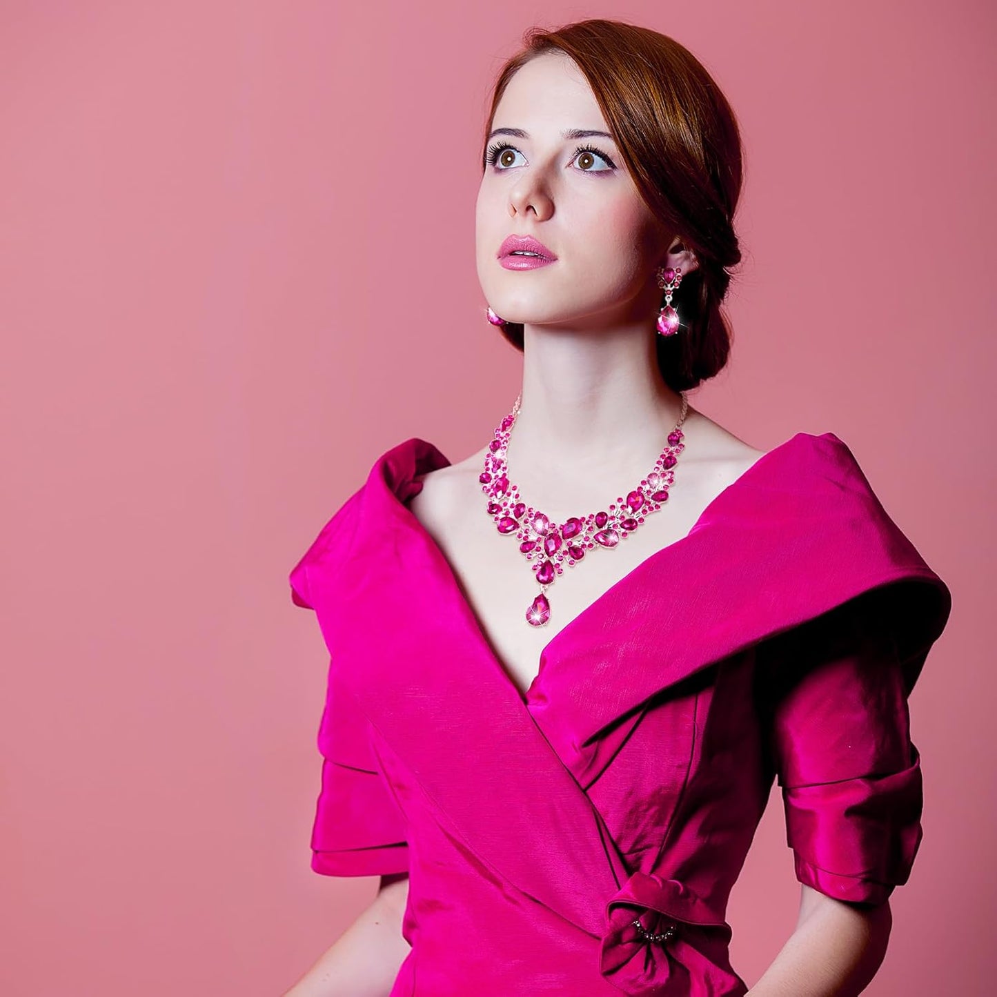 Hicarer Bridal Teardrop Cluster Crystal Jewelry Set for Women Necklace Earrings Wedding