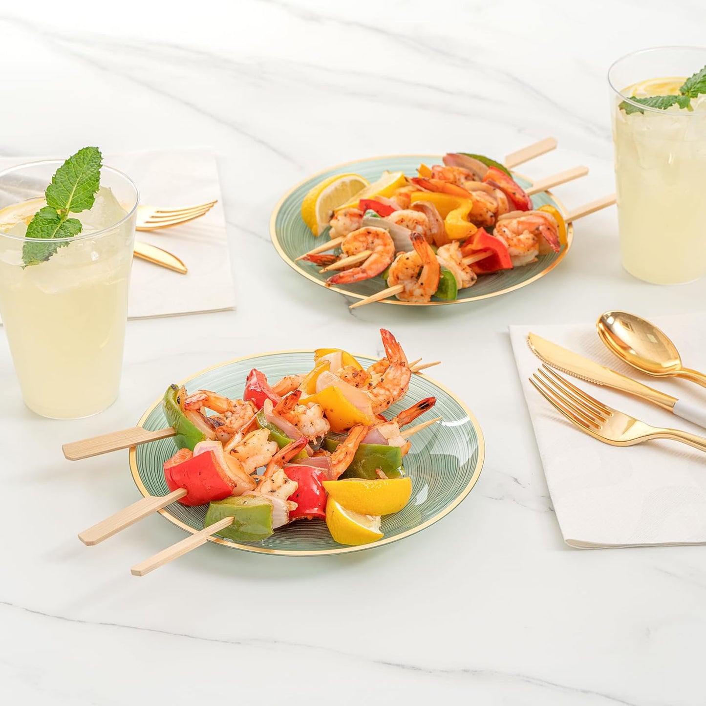 Restaurantware Plastic Plates 20 Pcs 7.25" Gold Rimmed Disposable Plates Heavy-Duty Green Translucent Rippled Plastic Dinner Servers for Party, Weddings, Salads, Desserts, and Appetizers