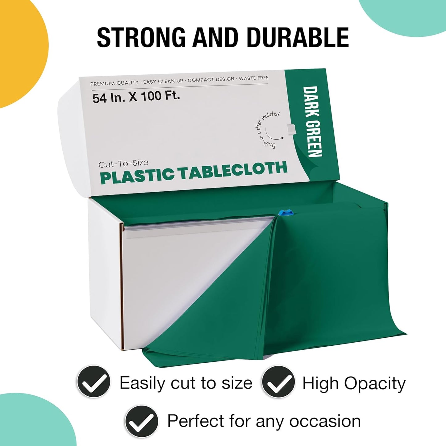 Party Solids 54 Inch X 100 Feet Dark Green Plastic Table Cover Roll in A Cut - to - Size Box with Convenient Slide Cutter. Cuts Up to 12 Rectangle 8 Feet Plastic Disposable Tablecloths