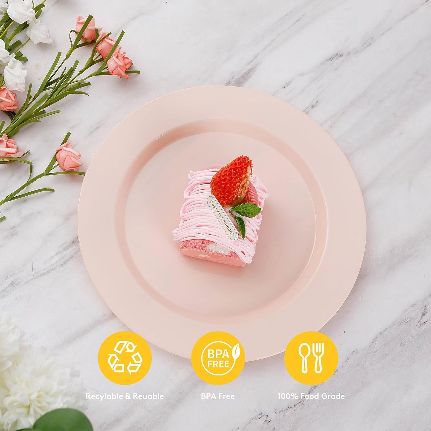Goodluck 200PCS Disposable Pink Plastic Plates, Heavy Duty Disposable with 100 10.25 inch and 100 7.5 inch Dessert Plates for Party, Wedding, Baby Shower, Valentines