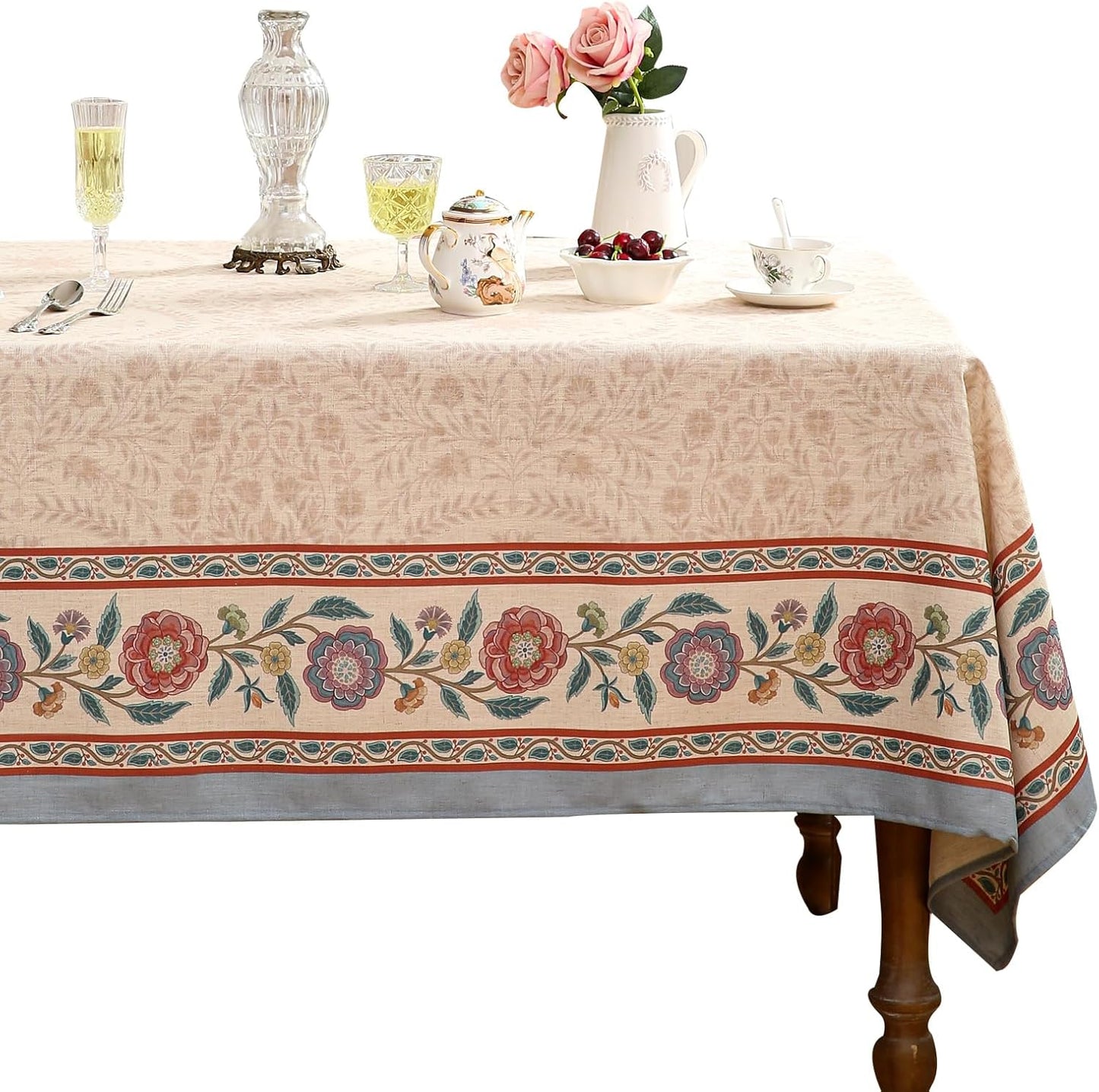Beige Linen Rectangle Extra Long Tablecloth,Vintage Indian Style Soft and Colorfast Floral Tablecloths,Decor Table Cover for Kitchen,Dining,Thanksgiving,67"*118"-Flowershadow E