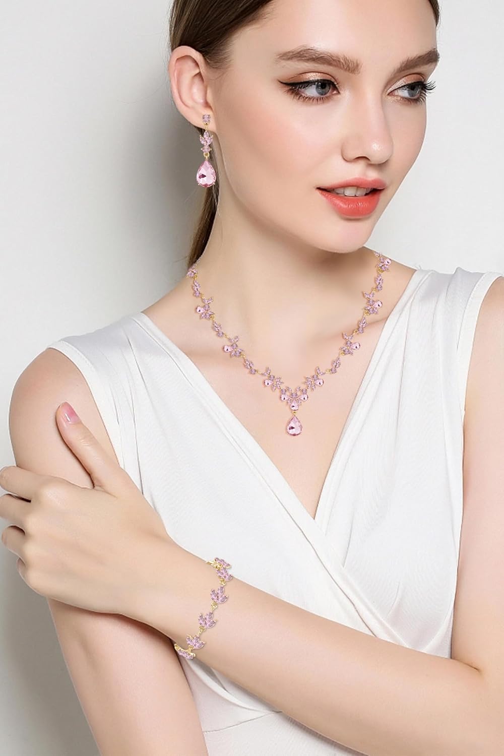 Bridal Wedding Elegant Floral Jewelry Set for Women/Brides/Bridesmaids Crystal Jewelry Set for Wedding Prom Party Bridal Crystal Necklace Earrings Bracelet Set