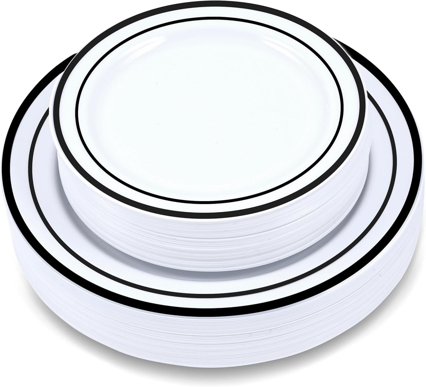 60 Pieces White Plastic Disposable Plates - Premium Heavy-Duty 30 Dinner Plates & 30 Salad Plates with Black Rim Ideal for Party, Birthday and Special Events
