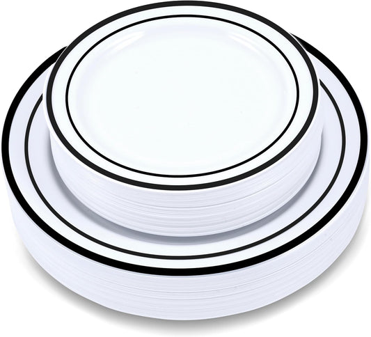 60 Pieces White Plastic Disposable Plates - Premium Heavy-Duty 30 Dinner Plates & 30 Salad Plates with Black Rim Ideal for Party, Birthday and Special Events