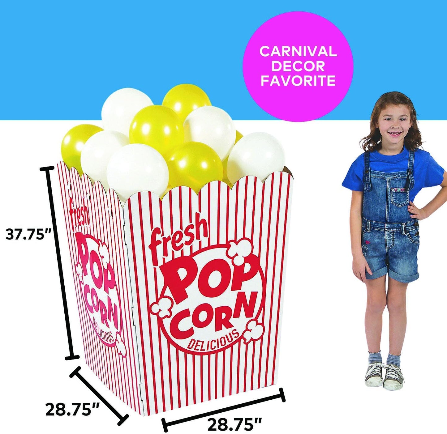 Fun Express Giant Popcorn Box Prop 3D Cardboard Stand-Up - Movie Night Decorations for Theater Party | Red & White Striped Design with Balloons | 37" Tall Movie Theme Party Supplies