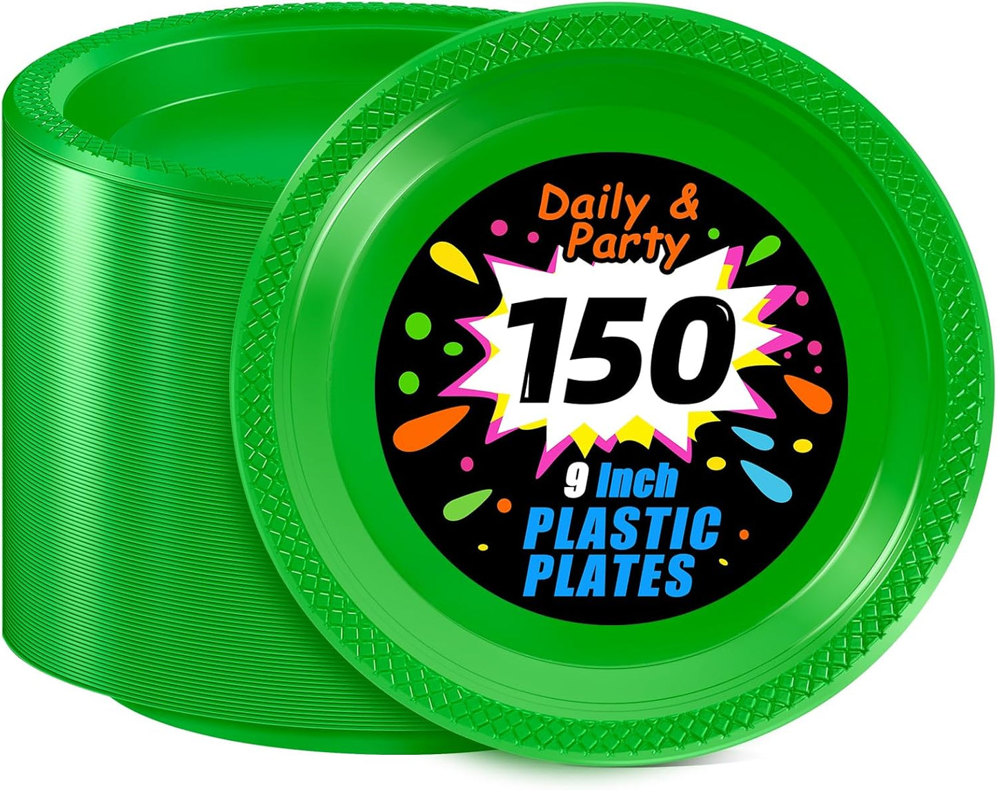WELLIFE Green Party Plates 9 Inch -150 Count, Disposable Plastic Dinner Plates for Party St. Patrick's Day Easter