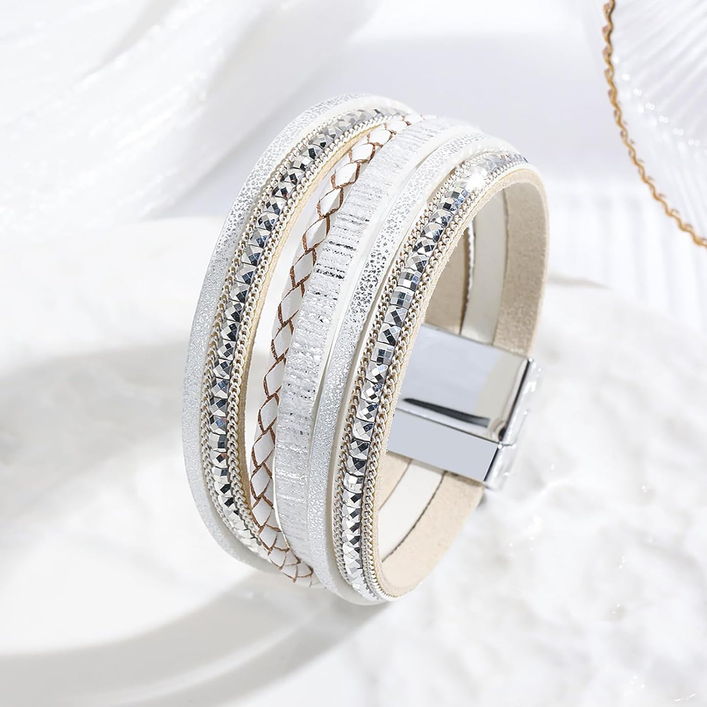 Fesciory Leather Wrap Bracelets for Women, Boho Leopard Multi-Layer Crystal Beads Cuff Bracelet Jewelry