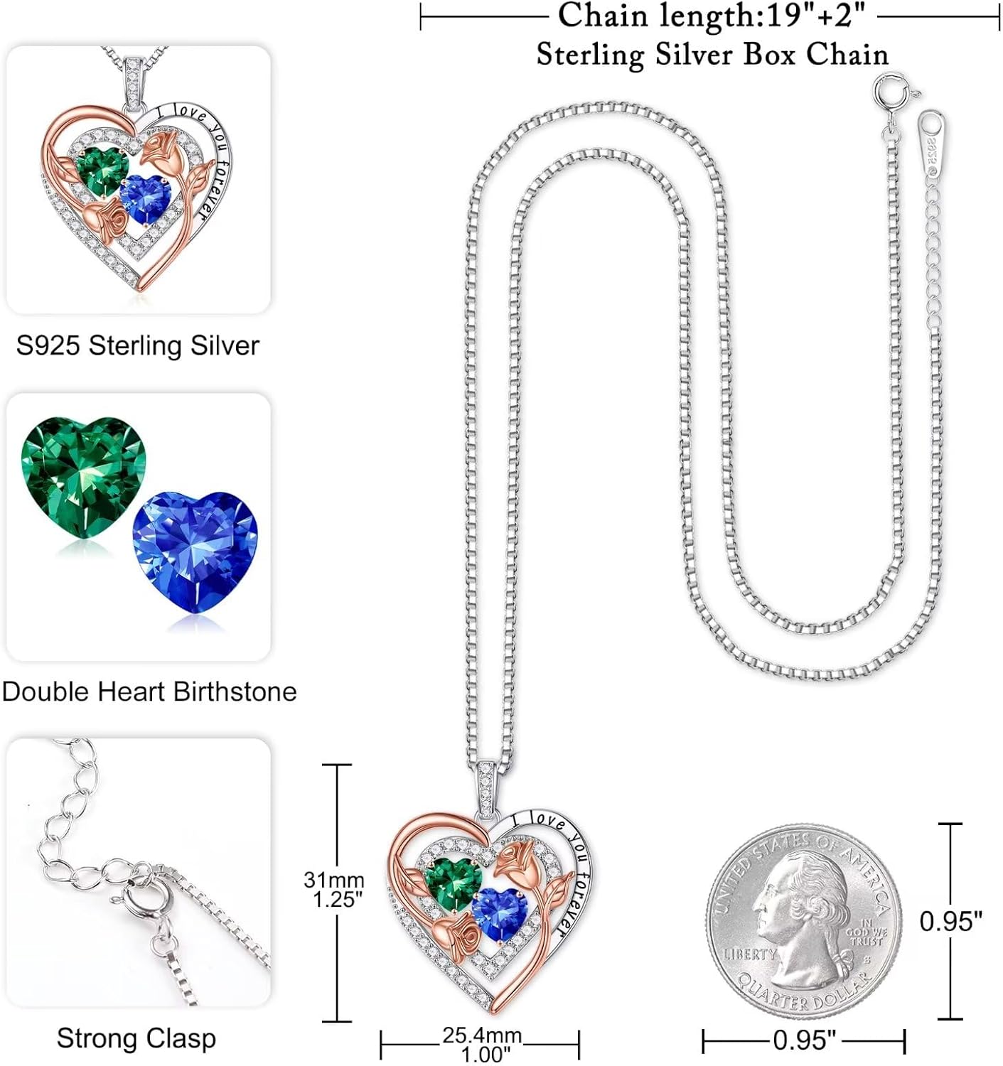 Iefil Birthstone Necklace for Women - Sterling Silver Birthstone Necklace Anniversary Birthday Gifts for Her Wife Mom Daughter