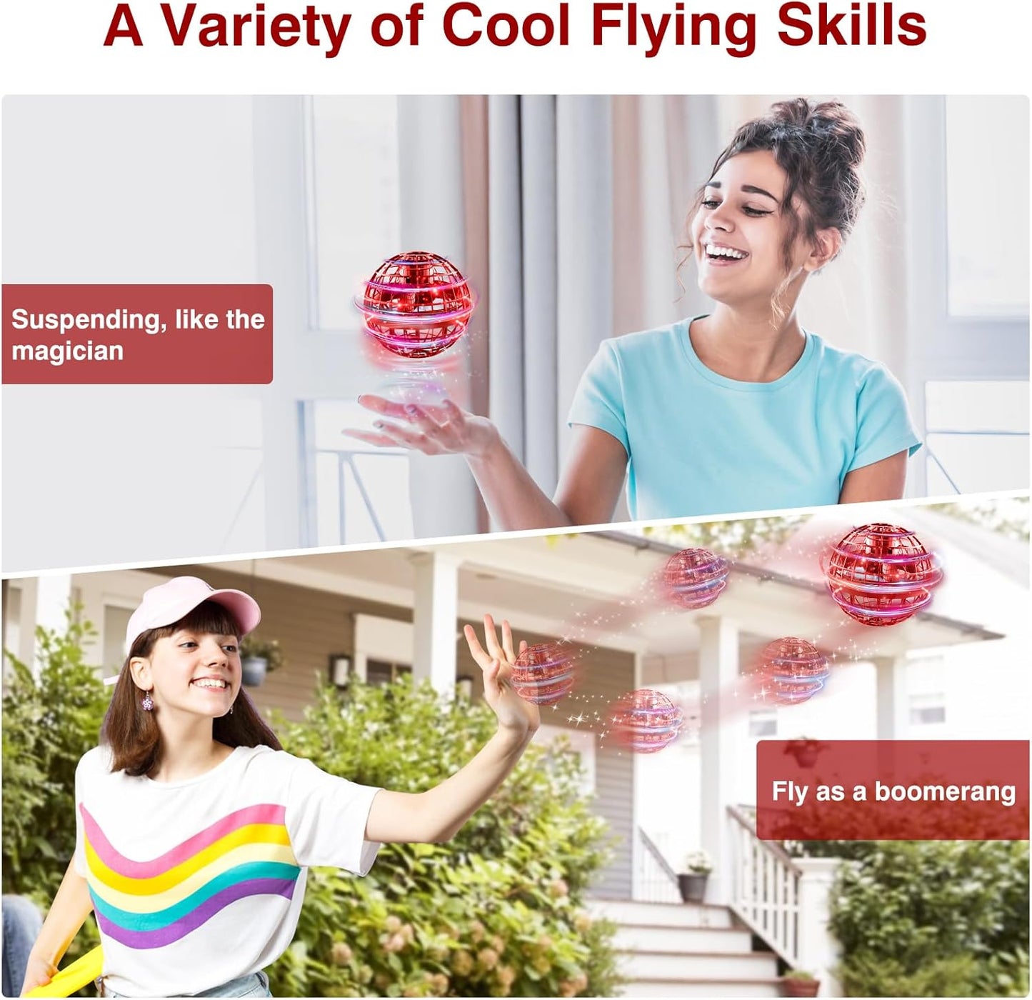 Ciniffo Flying Orb Ball 2025, Hand Controlled Boomerang Spinner Mini Drone Cosmic Globe Toy, Cool Toys Gift for 6 7 8 9 10+ Year Old Boys Girls Teens Outdoor Toys(Red)