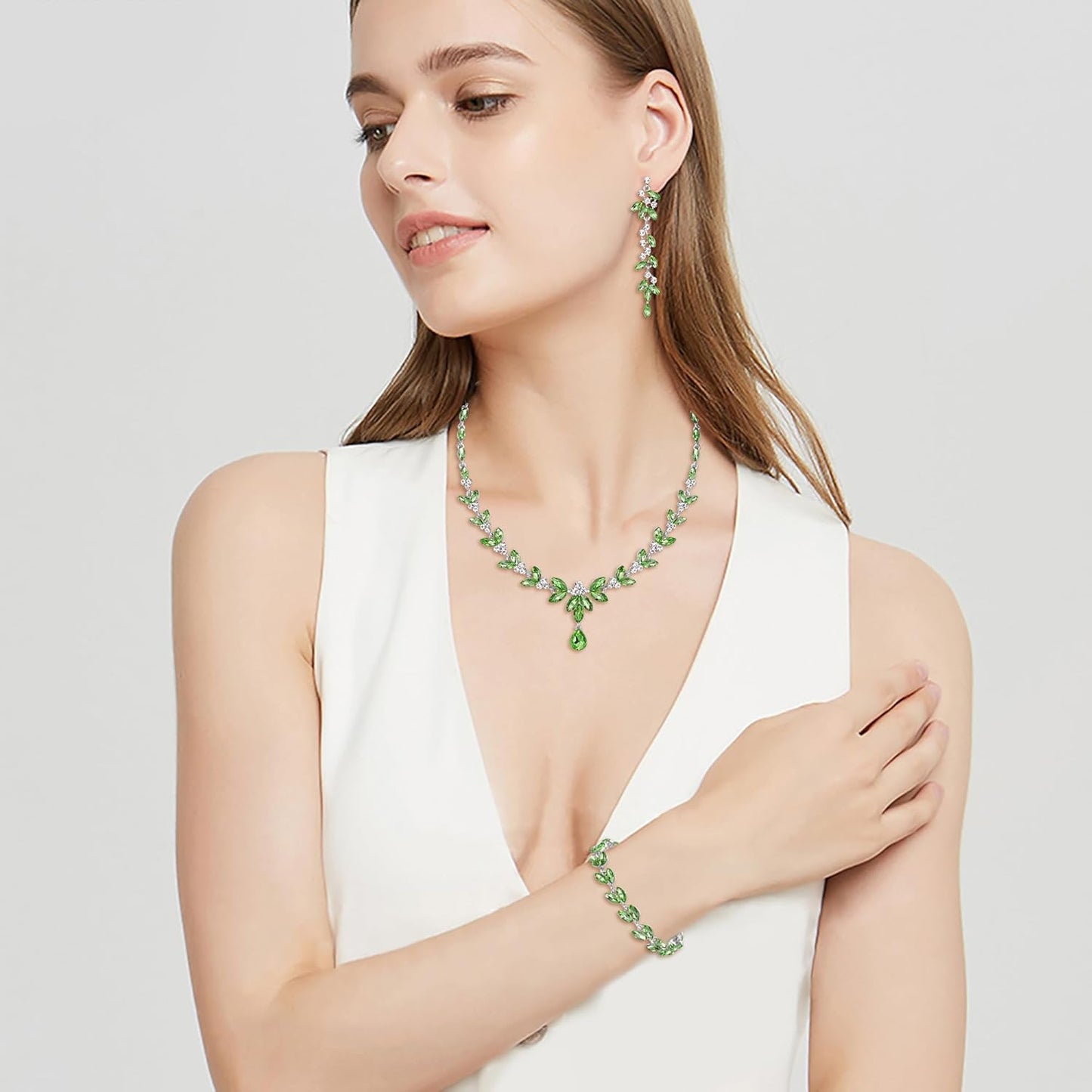 EVER FAITH Austrian Crystal Bridal Bridesmaid Jewelry Sets, Elegant Marquise Rhinestone Leaf Necklace Dangle Earrings Tennis Bracelet Set for Women