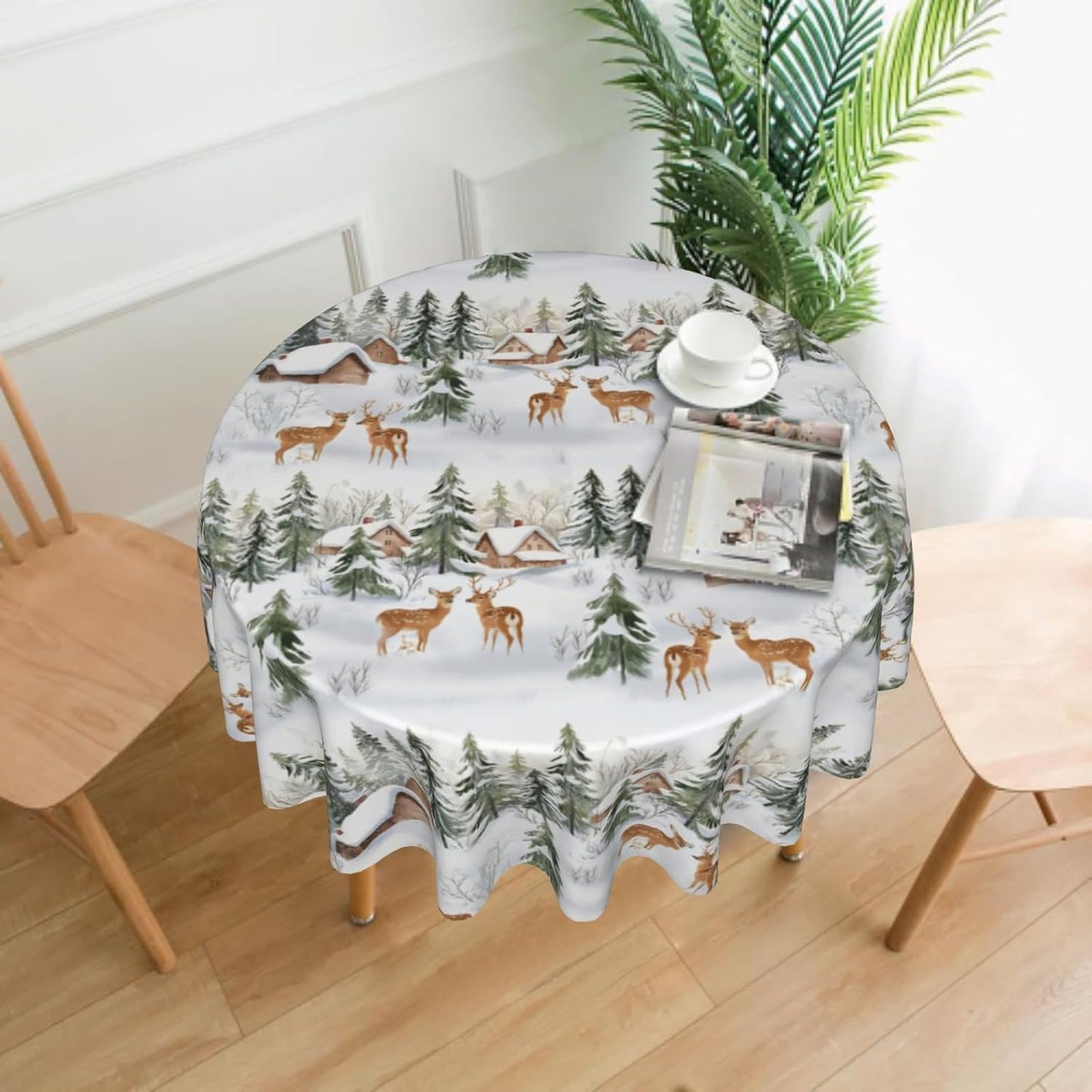 Giwawa Winter Deer Round Tablecloth- 60Inch Christmas Reindeer Elk Trees Table Cover- Xmas Snow Scene Farmhouse Table Cloth Heat Stain Resistant for Kitchen Dining Holiday Indoor Outdoor Decor