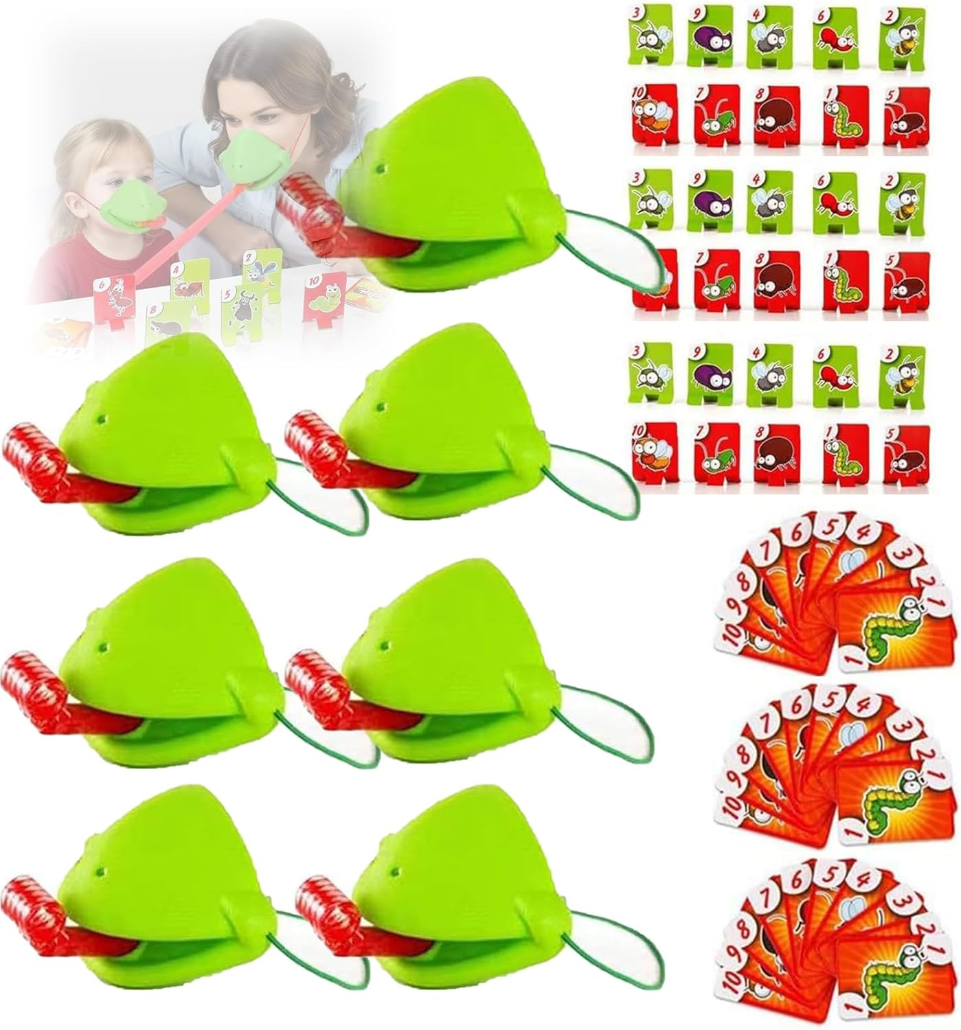 Chameleon Tongue Shooting Game, Lizard Party Blower Masks with Blowing Air Chameleon Tongue Game for Kids, Insect Cardboard Included (7 People)