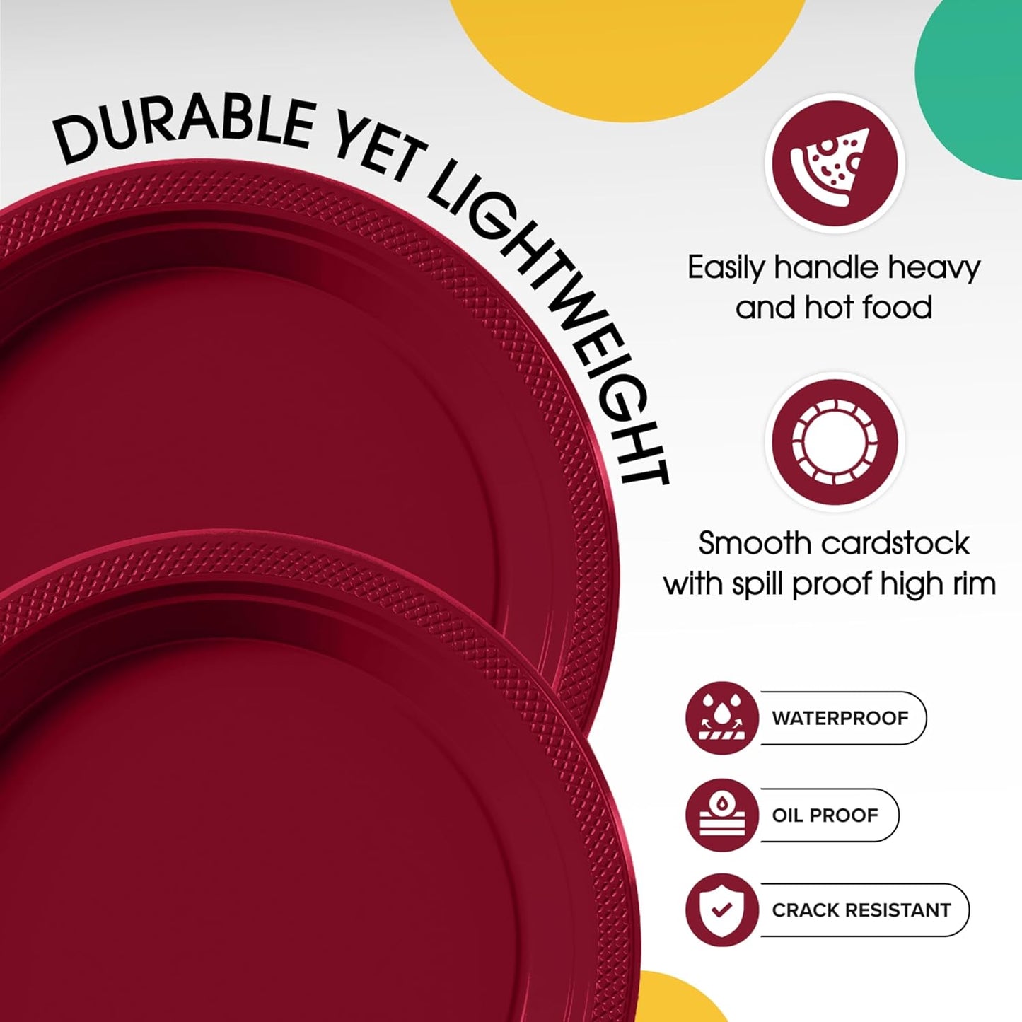 Party Solids Burgundy Plastic Plates Bulk 7" Burgundy Disposable Plates For Party Supplies 600 Pieces Disposable Dinner Plate Heavy Duty 350 GSM Plate Sets, Plastic Dinnerware Sets