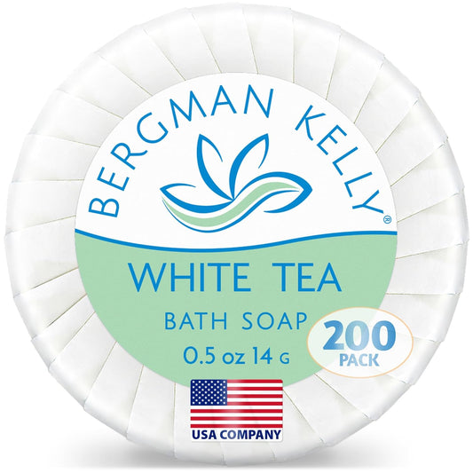BERGMAN KELLY - Hotel Soap Bars - White Tea, 0.5 oz, 200 PK - Travel Size Luxury Bulk Amenities Bar Soap, Mini Individually Wrapped Round Soap - Small Toiletries for Airbnb, Motel, Guest Bathroom