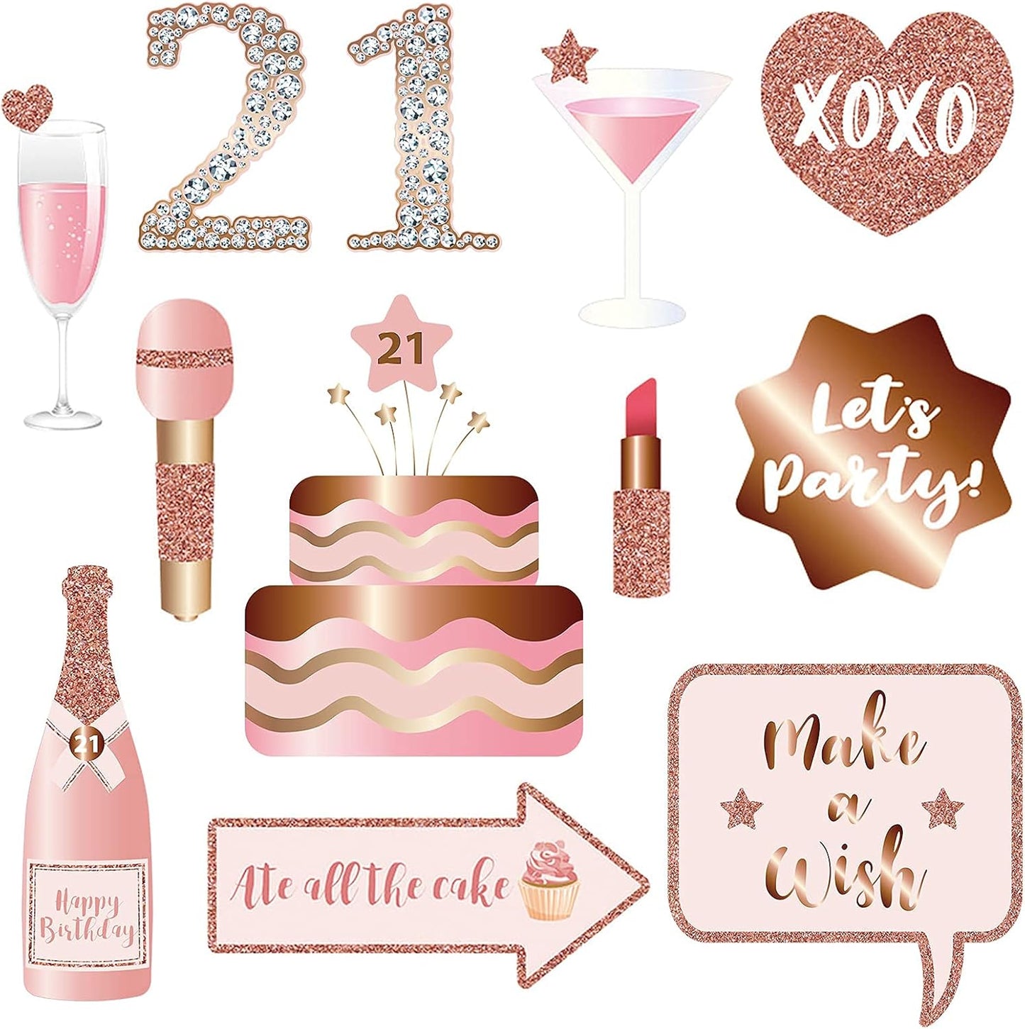 Rose Gold 21st Birthday Party Photo Booth Props Kit with Sticks for Girls Women - Selfie Props, Signs, Decorations & Favors