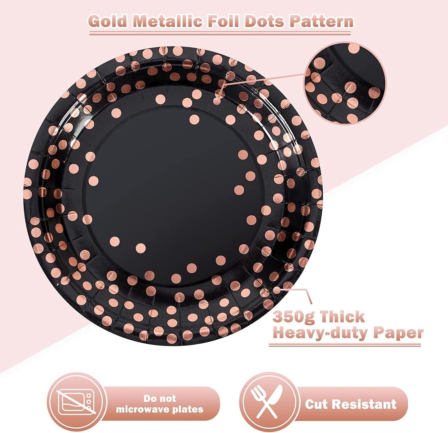 Black and Rose Gold Paper Plates and Napkins 200Pack-100 x 7" Dessert Plates & 100 x 6.5'' Napkins,Black Paper Plate for Appetizers,Cakes and Salads,for Birthday,Graduation,Retirement,Father's Day