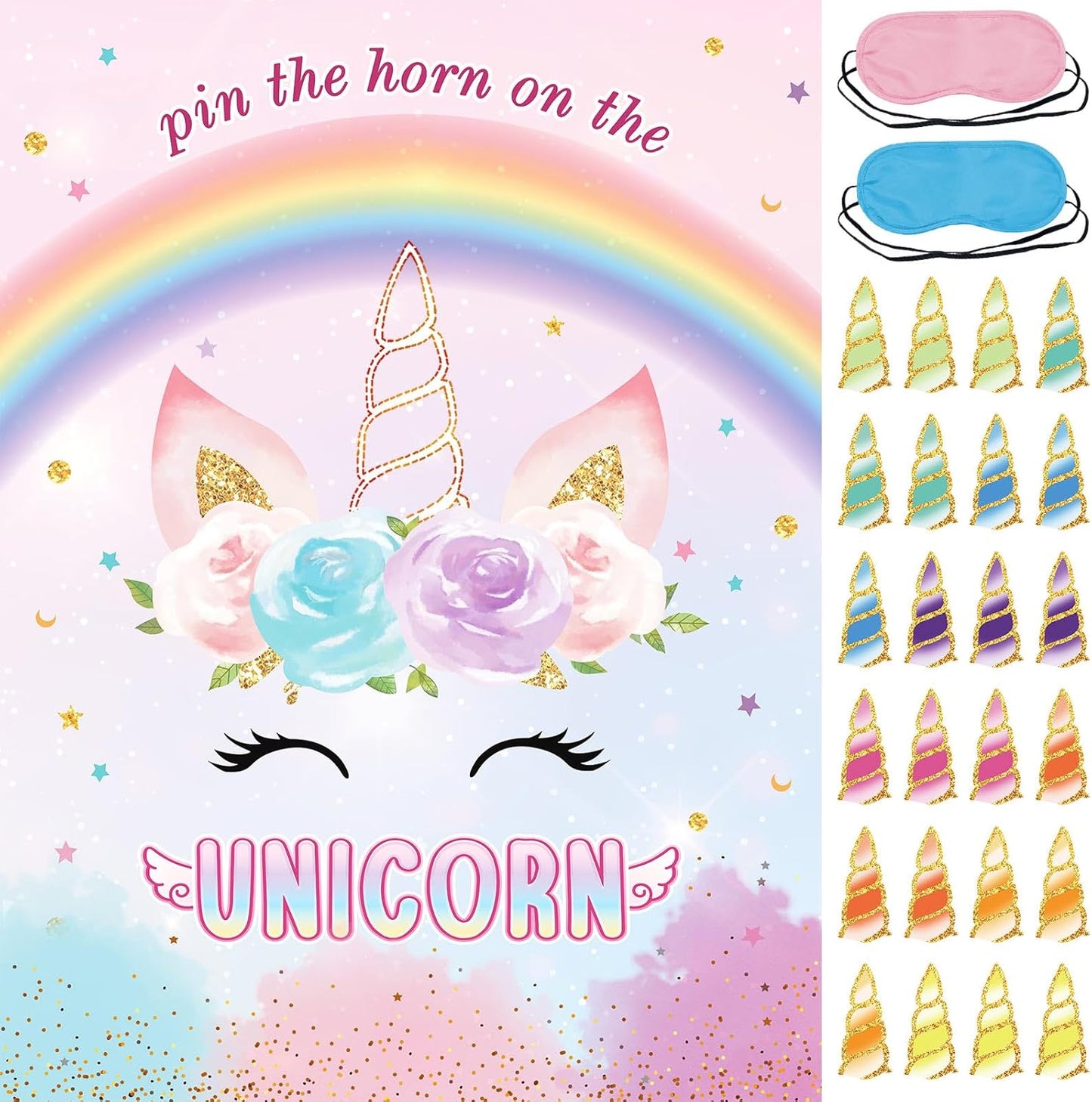 Pin The Horn on The Unicorns Party Game with 24 PCS Horn and Eye Mask for Kids Girls Birthday 21'' x 28'' (Unicorns)