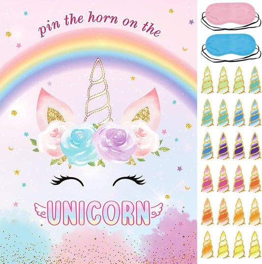 Pin The Horn on The Unicorns Party Game with 24 PCS Horn and Eye Mask for Kids Girls Birthday 21'' x 28'' (Unicorns)