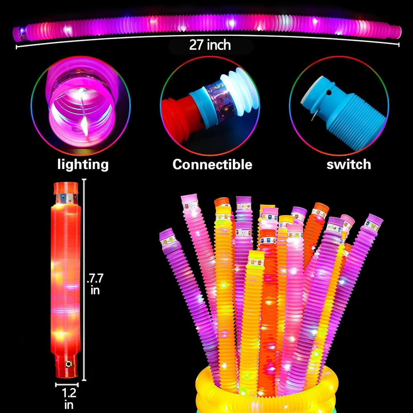 OceanWings 24PC Lights up Pop Tube Set for Kids Adults,Christmas Glow Sticks Stretchy Tube Fidget Toys for Classroom Prizes Birthday Concert Glow in The Dark Party Supplies Favor for Boys Girls