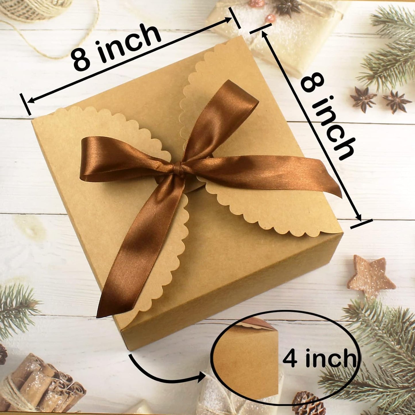 8"x 8"x 4" Kraft Gift Box with Lids and Ribbons, 6 Pack Foldable Brown Paper Cardboard Boxes for Gifts Wrapping, Bridesmaid Proposal Wedding Birthday Christmas Party Favor, Reusable, Bulk