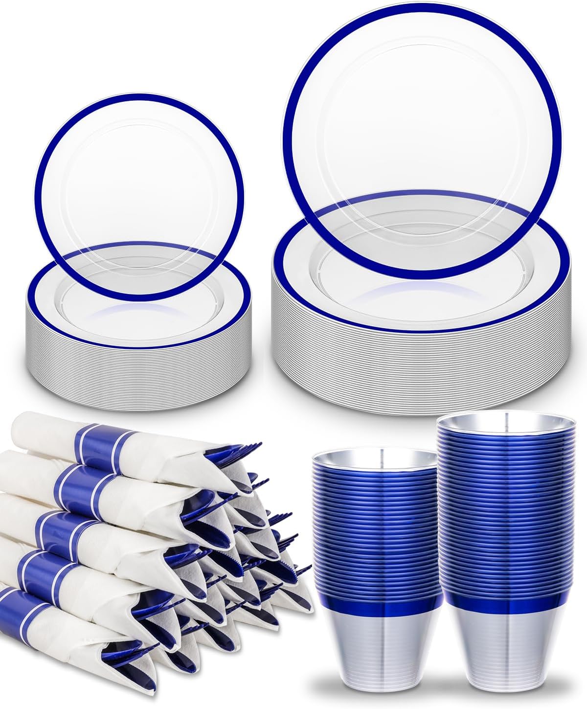 175Pcs Plastic Plates for Party, Disposable Clear Blue Dinnerware Set for 25 Guests, 50 Plastic Plates, 25 Cups, 25 Pre-Rolled Napkins with Cutlery for Party, Wedding, Thanksgiving, Christmas