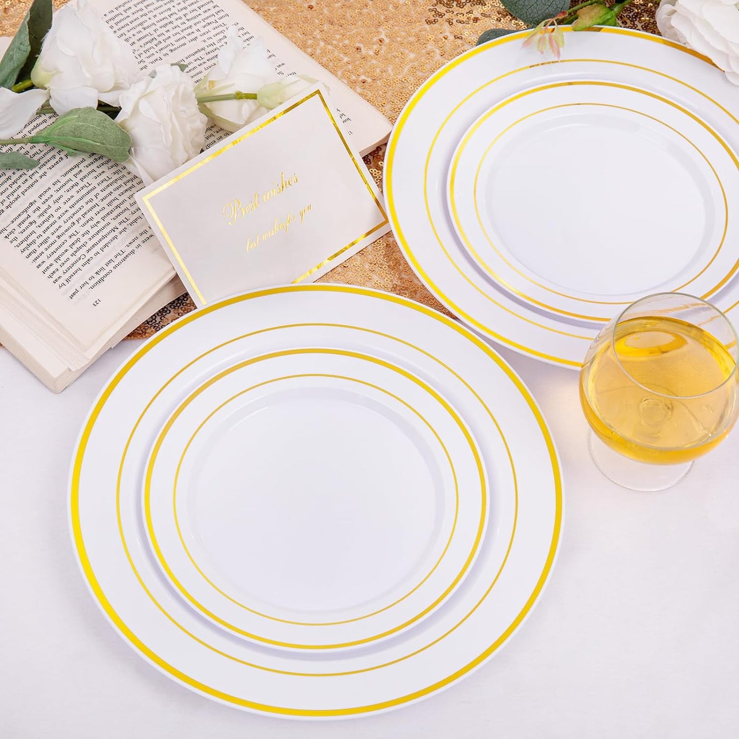 I00000 200 Pcs Gold Plastic Plates - Disposable Party Plates Include 100 Dinner Plate and 100 Elegant Dessert Plate Perfect for Party, Holiday, Wedding & Birthday