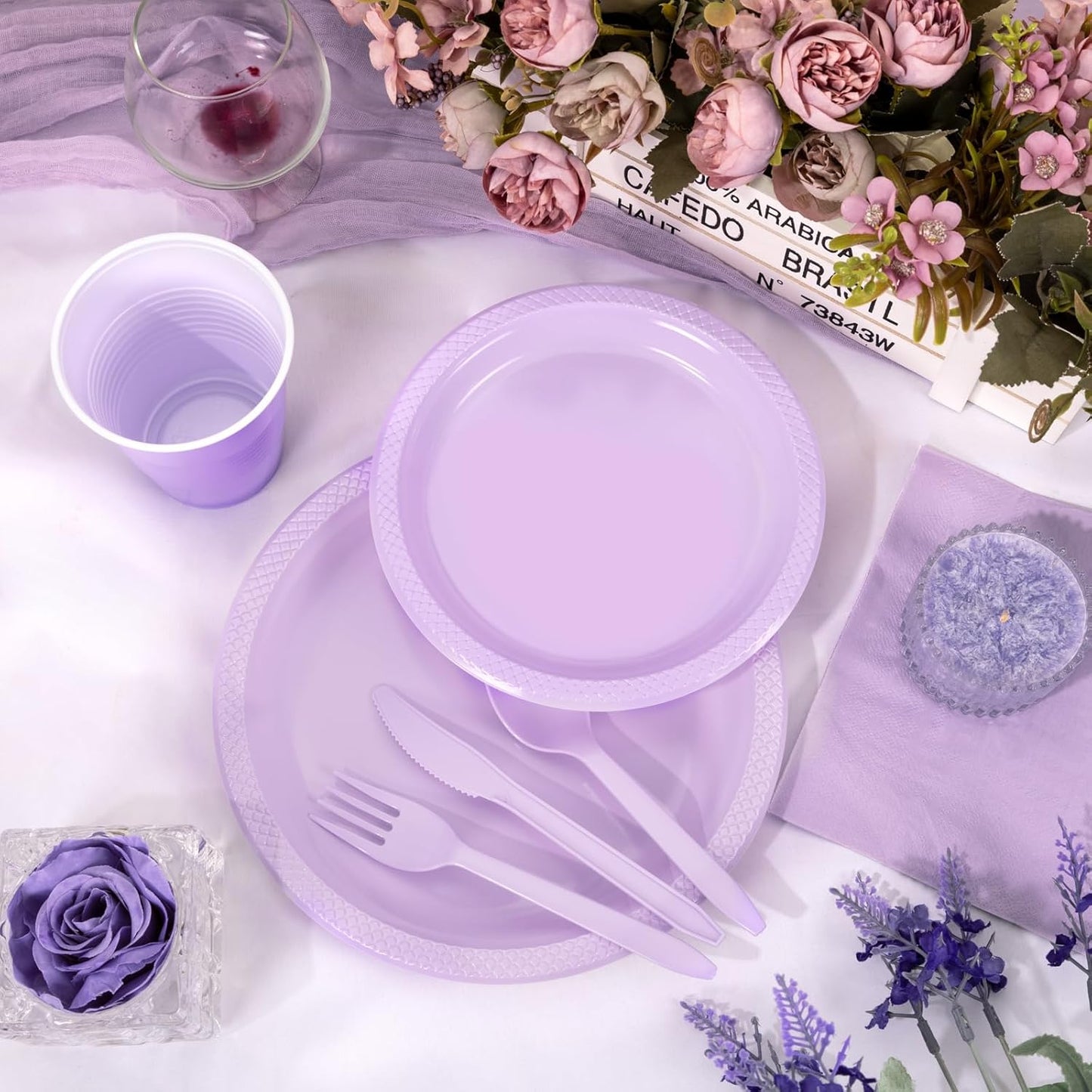 WELLIFE 210Pcs Lavender Plates,Light Purple Plastic Dinnerware Set,Party Supplies Including purple plates, 12OZ Cups, plastic Cutlery and Paper Napkins Serve 30 Guests, Disposable Plates for Party