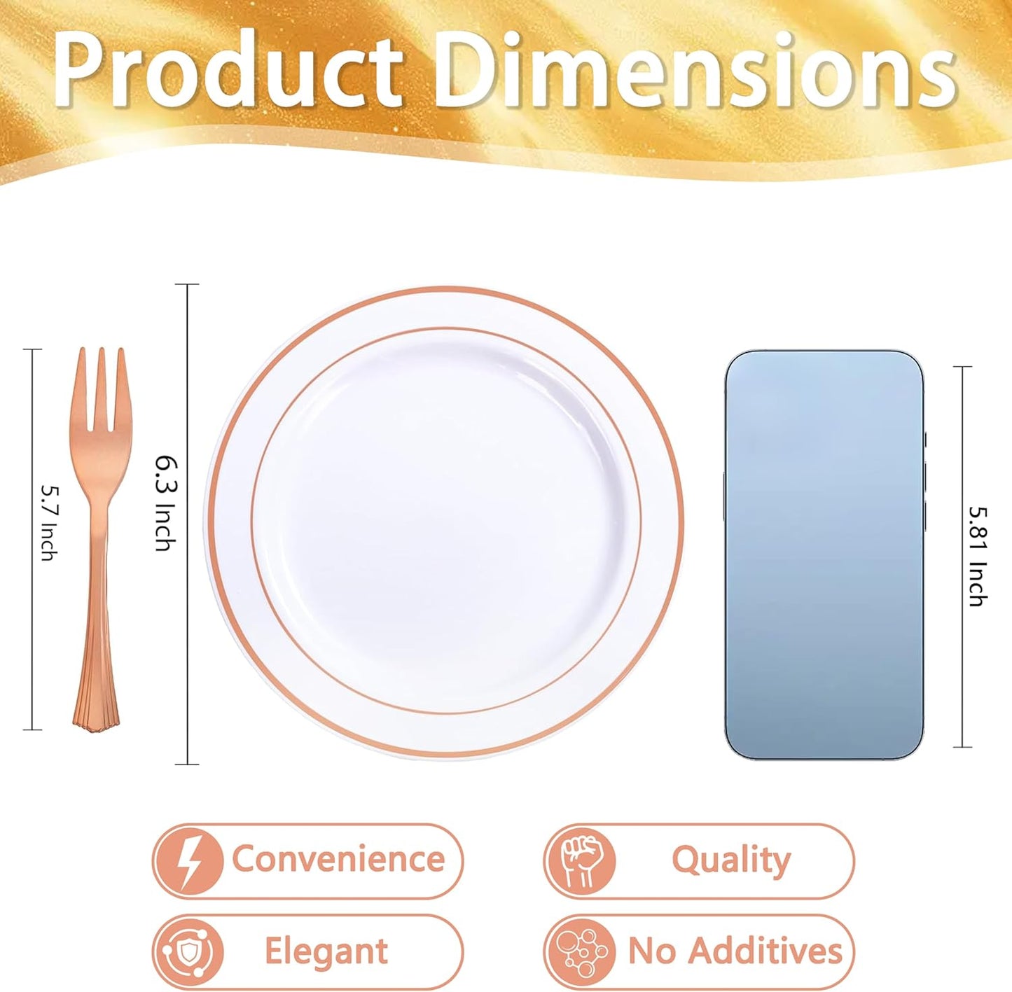 WELLIFE 240 Pieces Rose Gold Plastic Dessert Plates with Disposable Forks, Includes 120 Pcs Appetizers Plates 6.3 inch, 120 Pcs Rose Gold Forks, Perfect for Party and Weddings