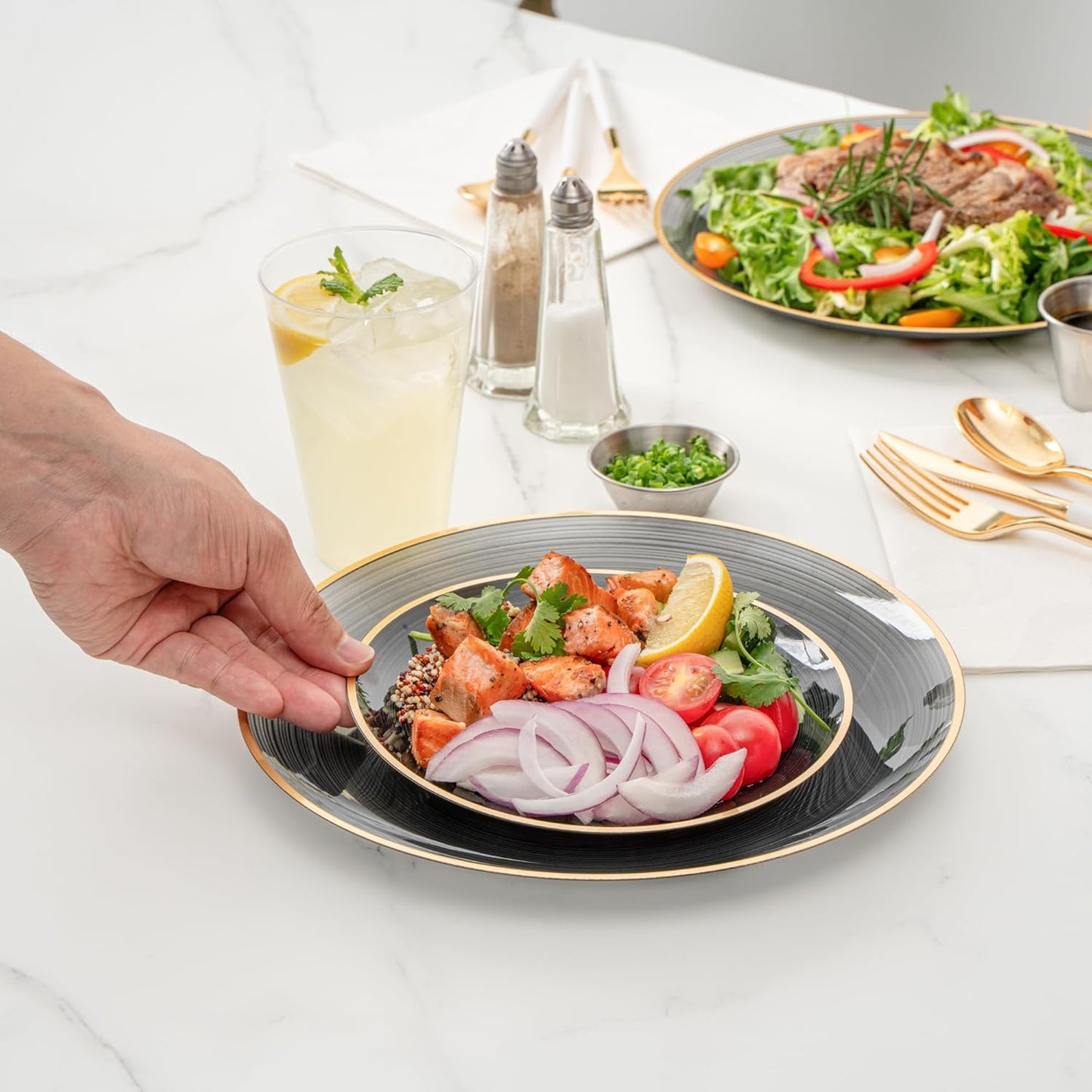 Restaurantware Plastic Plates 200 Pcs 7.13" and 10" Combo Gold Rimmed Plate Set Disposable Heavy-Duty Black Translucent Rippled Plastic Dinner Servers for Party, Weddings, Salads, Desserts