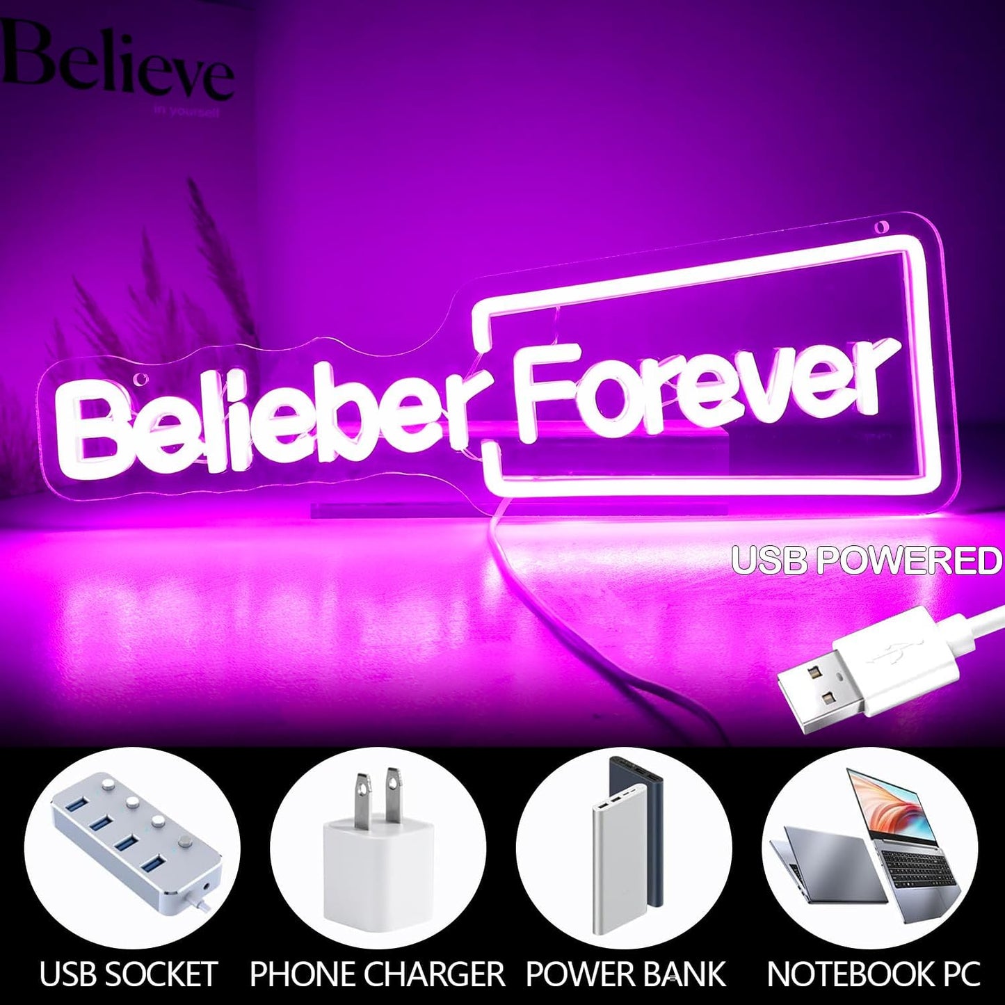 Belieber Forever Neon Sign - LED Wall Light for Bedroom, Dorm, Party Decor, Pop Star Fan Art Gift