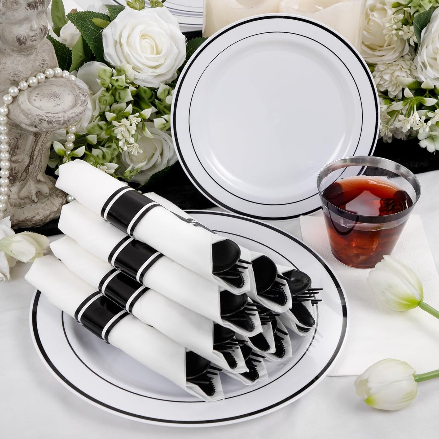 WELLIFE 350Pcs Black Plastic Dinnerware with Pre Rolled Napkins, Include:50 Dinner Plates, 50 Dessert Plates, 50 Paper Napkins, 50 Cups, 150 Plastic Cutlery