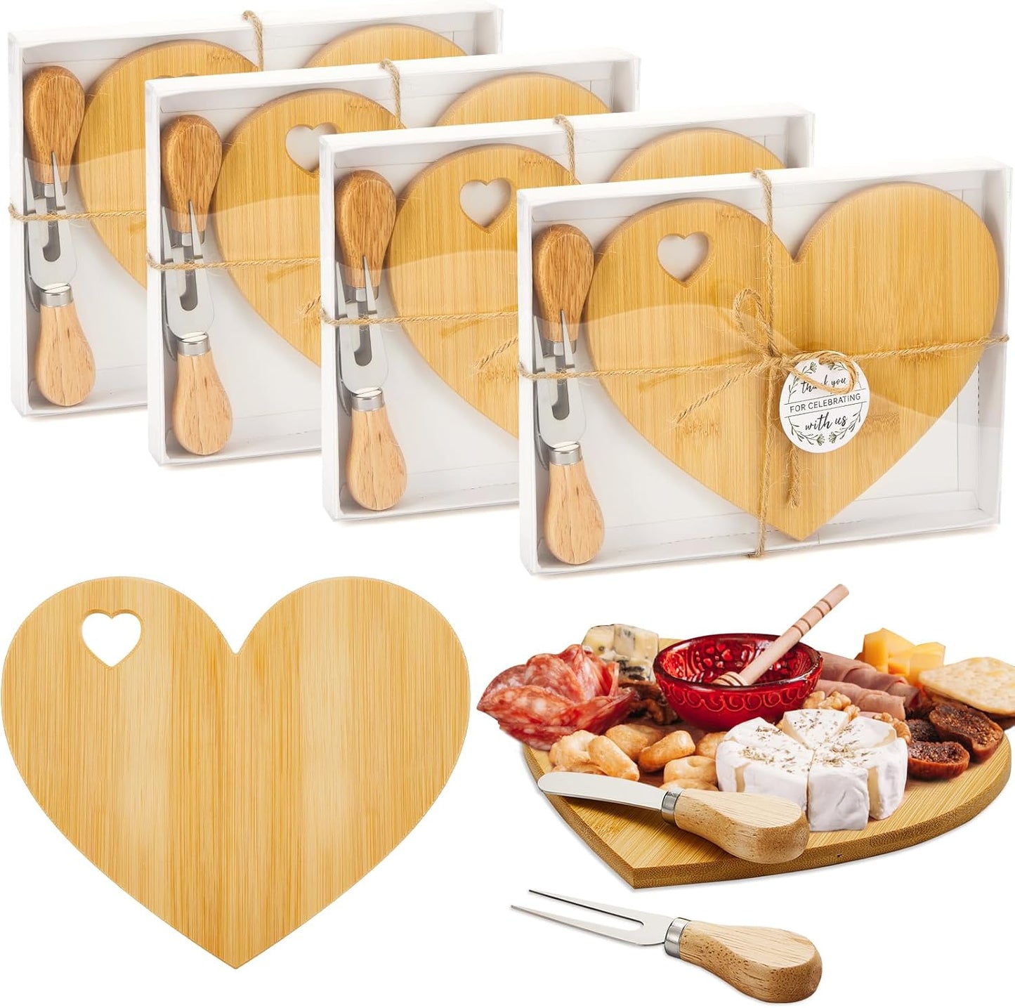 Patelai 4 Set Bridal Shower Favor Heart Cheese Board Cheese Knives Wood Mini Charcuterie Board Thank You Gift Box for Guest Bridal Baby Shower Prize Wedding Birthday Valentines (Bamboo Color)