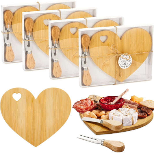 Patelai 4 Set Bridal Shower Favor Heart Cheese Board Cheese Knives Wood Mini Charcuterie Board Thank You Gift Box for Guest Bridal Baby Shower Prize Wedding Birthday Valentines (Bamboo Color)