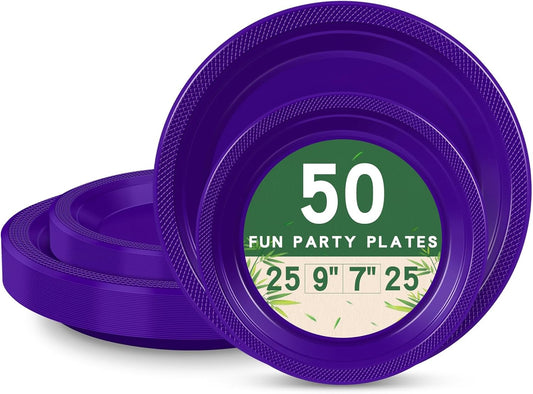 50 Purple Plastic Plates For Party, Includes 25-9" & 25-7" Cake Dessert Plastic Dinner Plates Disposable For Party Supplies