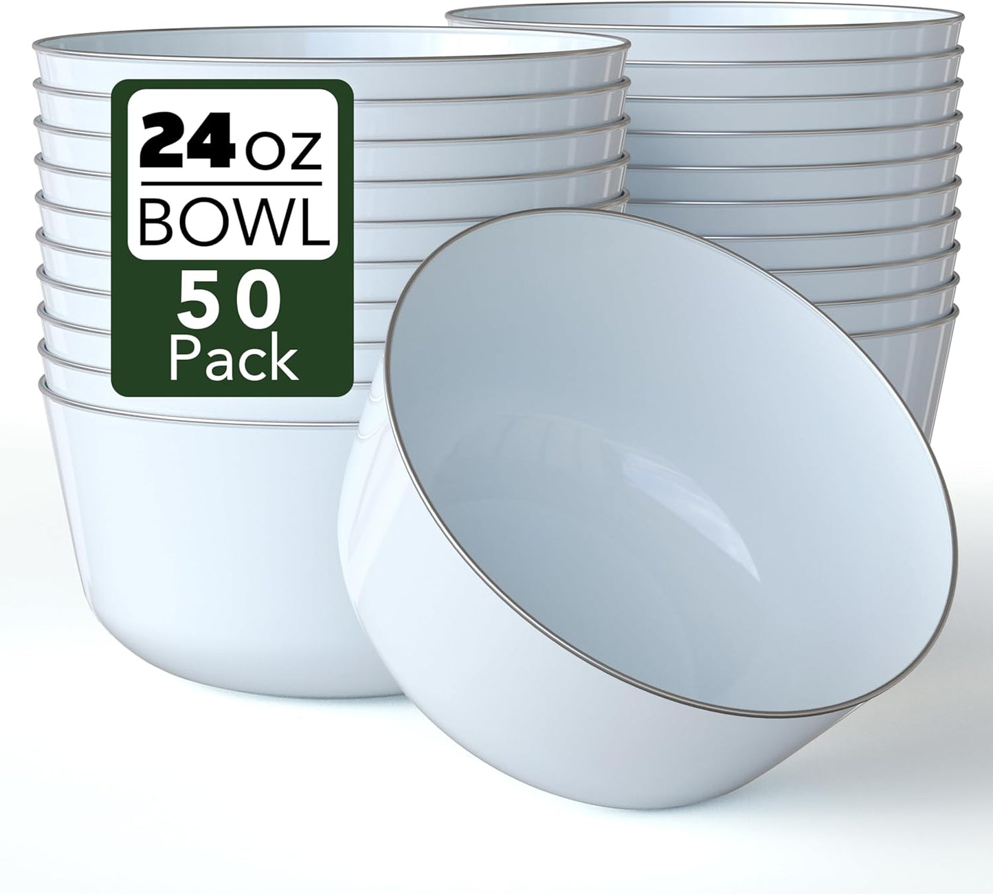 Trendables Plastic Bowls - Disposable 24 Oz Set of 50 Sage Silver Rimmed Fancy Serving Bowls for Salad, Ice Cream & Candy