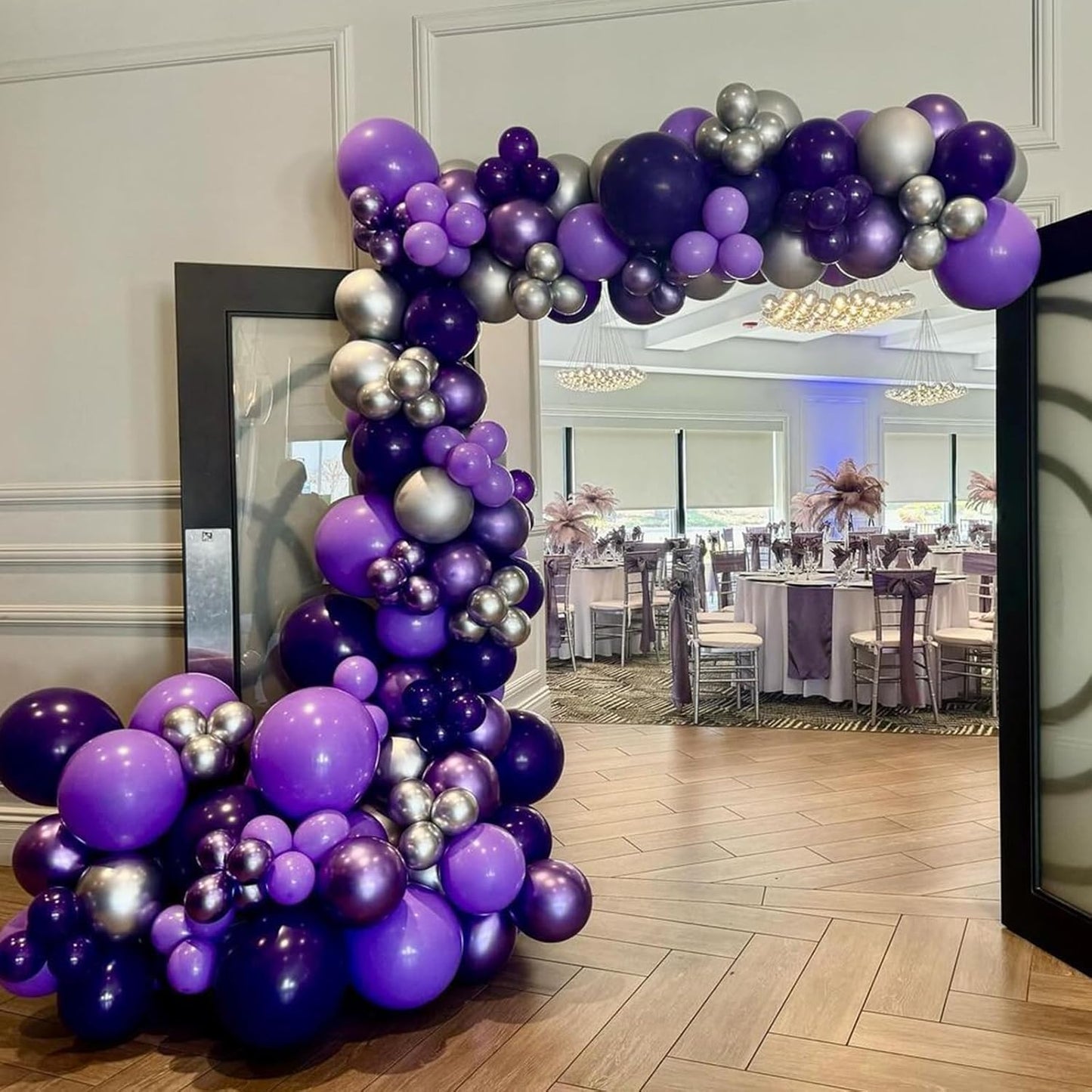Purple and Black Balloon Arch Kit, 140Pcs Black Purple Metallic Silver and Confetti Balloon Garland kit, 22 18 12 10 5 Inch Different Size Balloons for Halloween Birthday Party Decorations