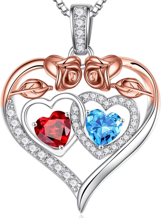 Iefil Double Birthstone Necklace Gifts for Wife Girlfriend Her Women, Birthstone Jewelry Gemstone Valentines Birthday Gifts for Her Women Wife Mom Grandma