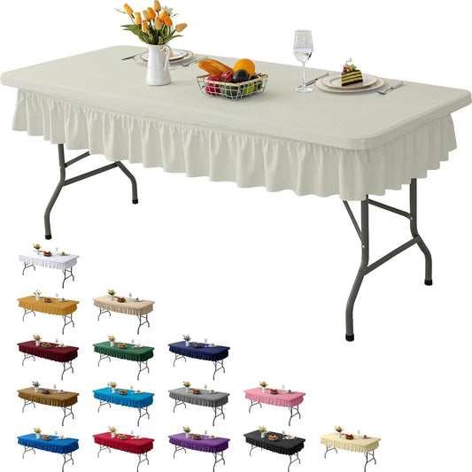 6ft Ivory Stretch Tablecloth for Rectangular Tables - Flared Wrap Design, Waterproof, Wrinkle-Resistant, Washable - Ideal for Weddings, Parties, Banquets & Table Protection
