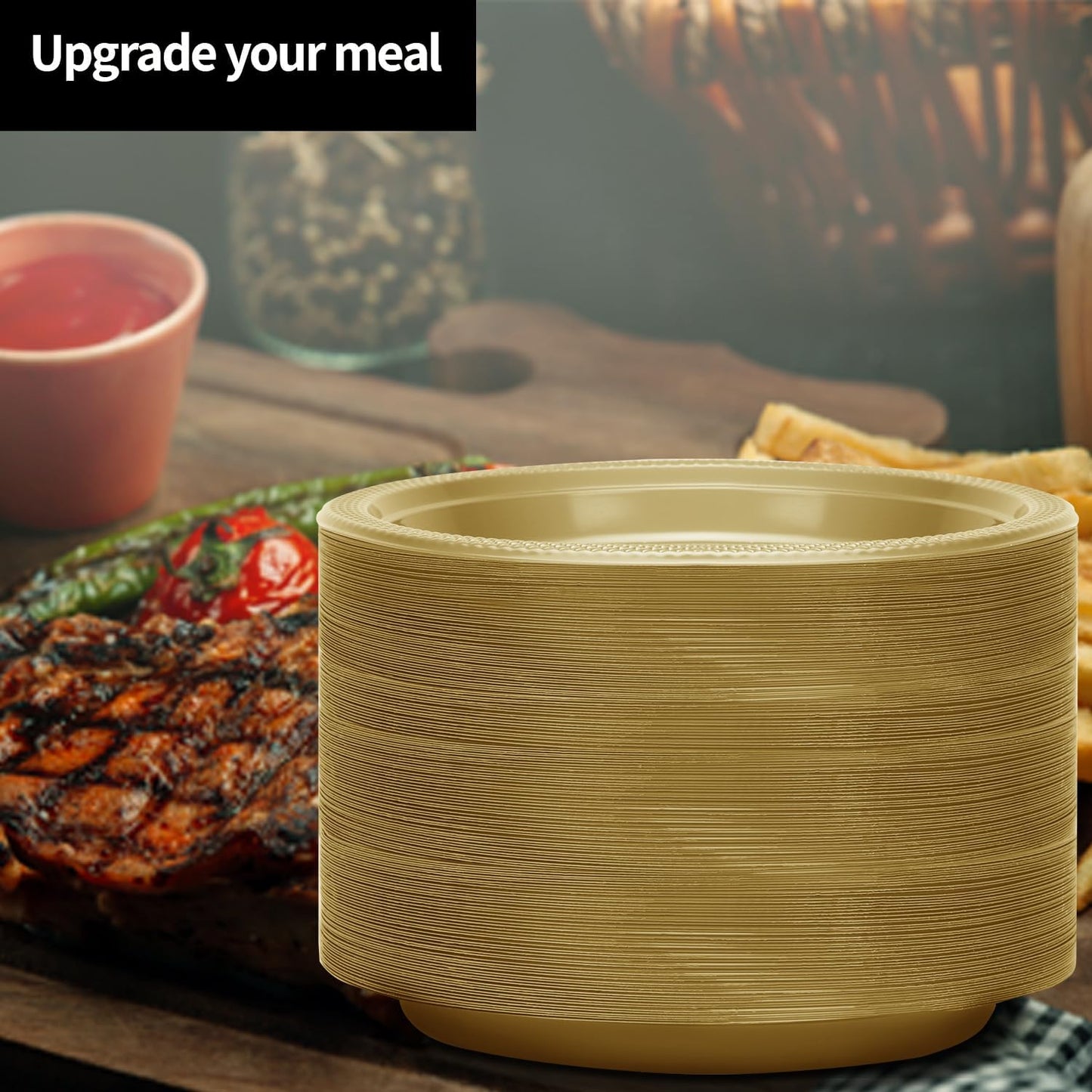 Hanna K. Signature Collection Gold Plastic Plates 7 Inch - 600 count Solid Round Party For Weddings, BBQs, Birthday Disposable Dessert (82970 (case))