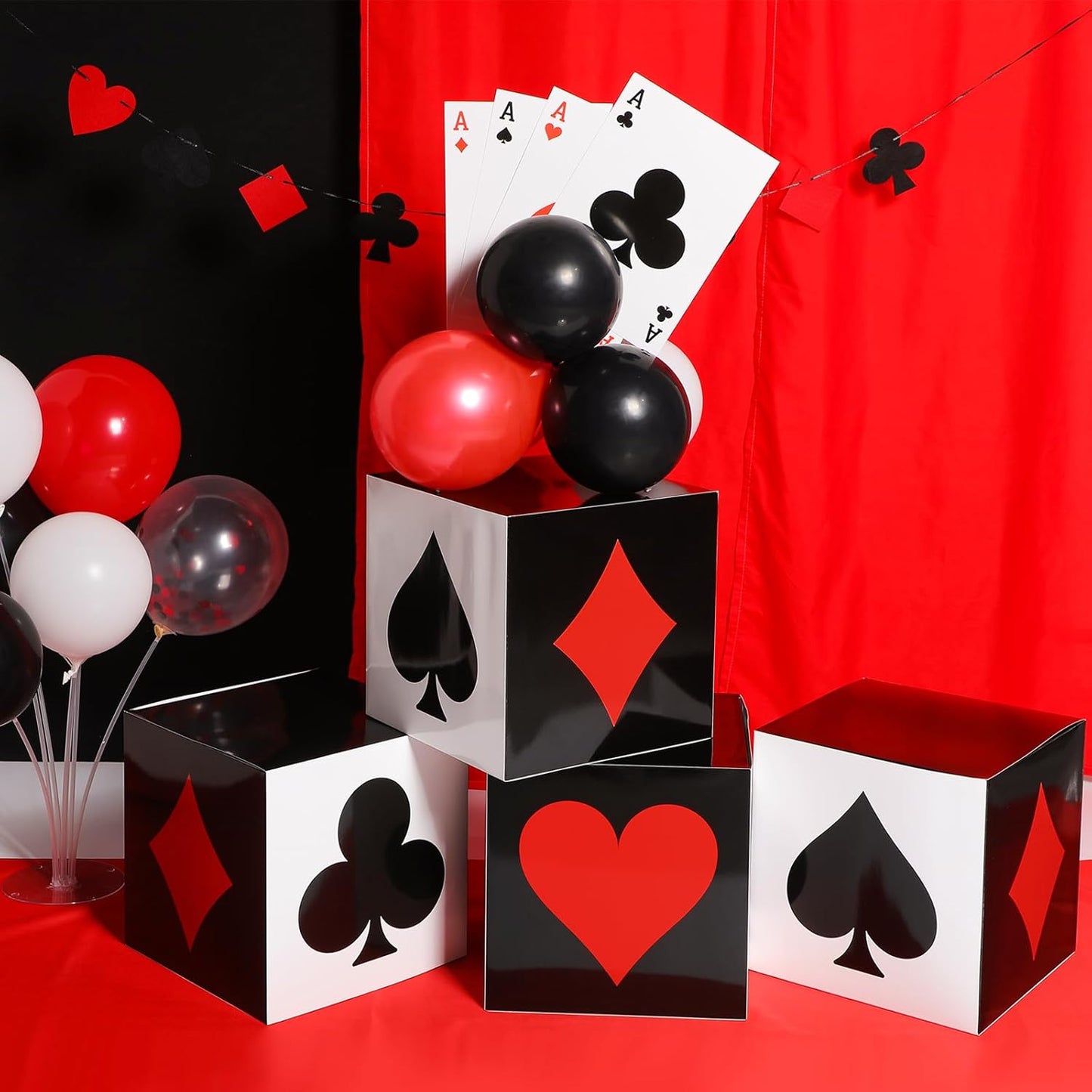 Zhanmai 52 Pcs Casino Themed Decorations Set Las Vegas Game Night Entryway Door Party Decor 8 Pcs 12 Inch Large Poker Boxes 8 Jumbo Poker Cards 30 Pcs Balloon Aisle Runners for Birthday Celebration