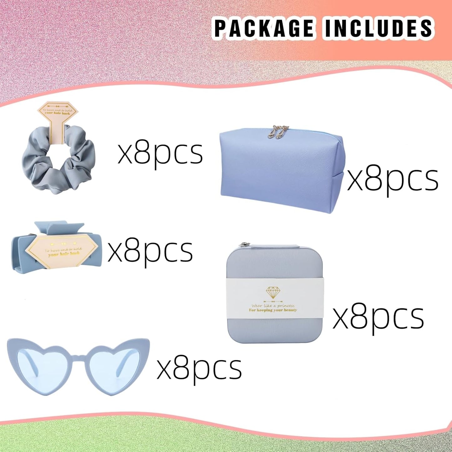 Bridesmaid Scrunchies Proposal Gifts Bachelorette Hair Claws Clips Girls heart sunglasses for Wedding Party Favors (40, White&Dusty Blue box)