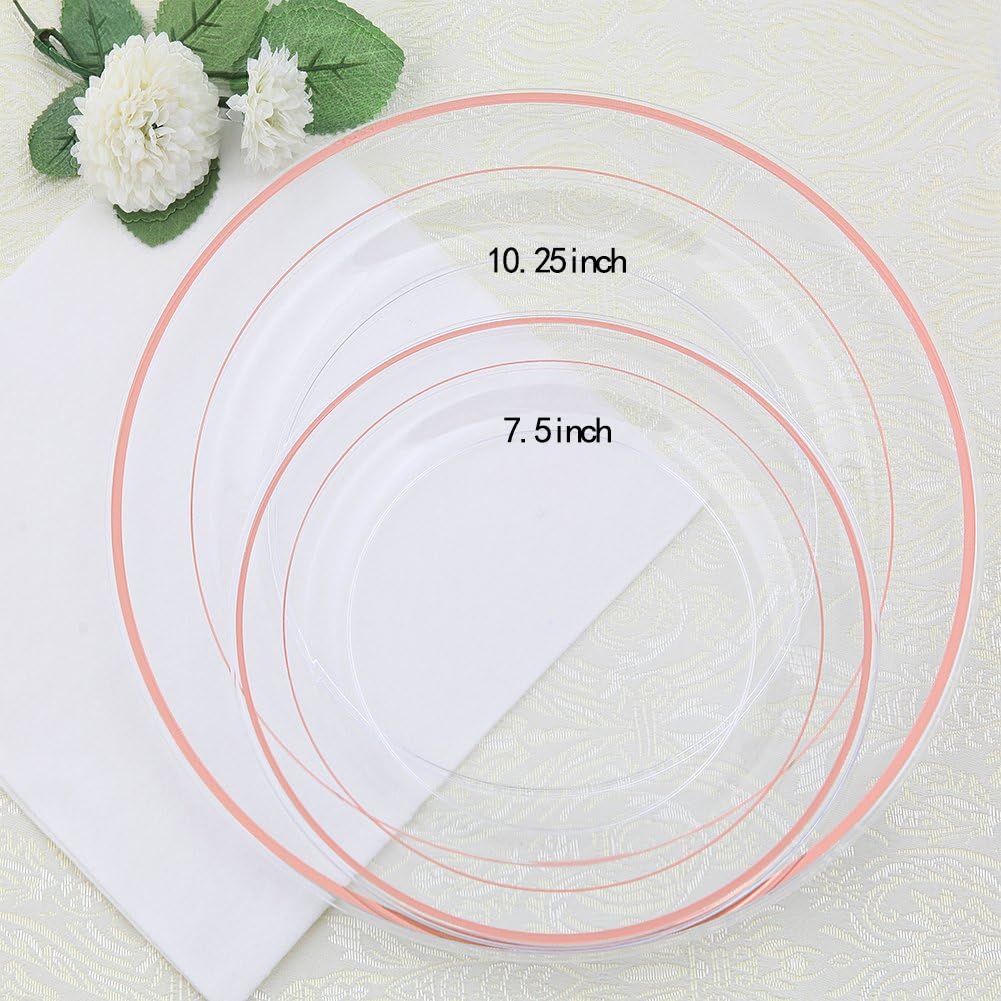 I00000 60 Pcs Rose Gold Plastic Plates, Disposable Party Set Include: 60 Clear Plastic Plates with Rose Gold Trim for dinner and dessert Perfect for Holidays, Wedding & Party Supplies