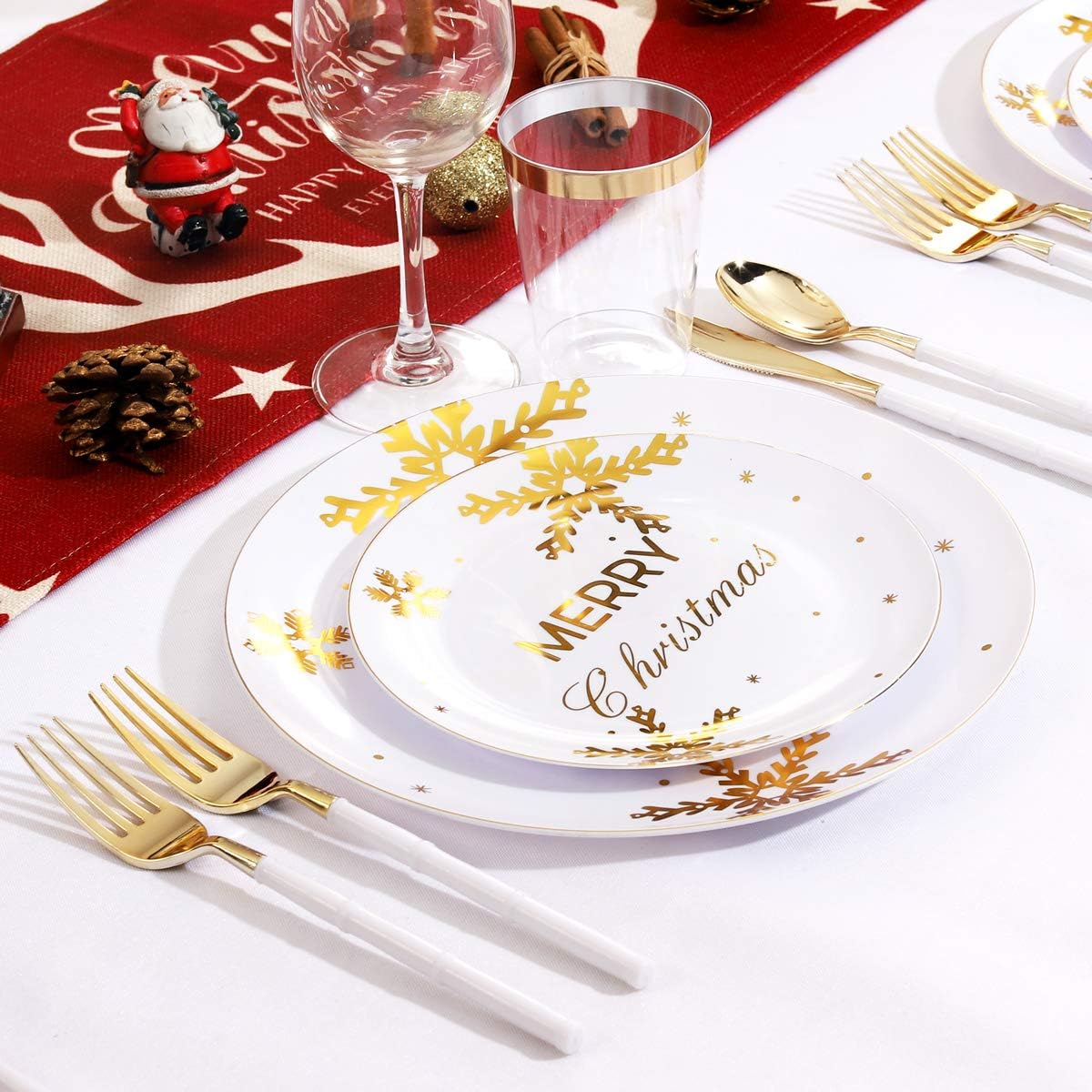 WDF 50Pieces Christmas Plates Gold Plastic Plates - Snowflake Plastic Plate-Heavyweight White and Gold Disposable Plate for Christmas