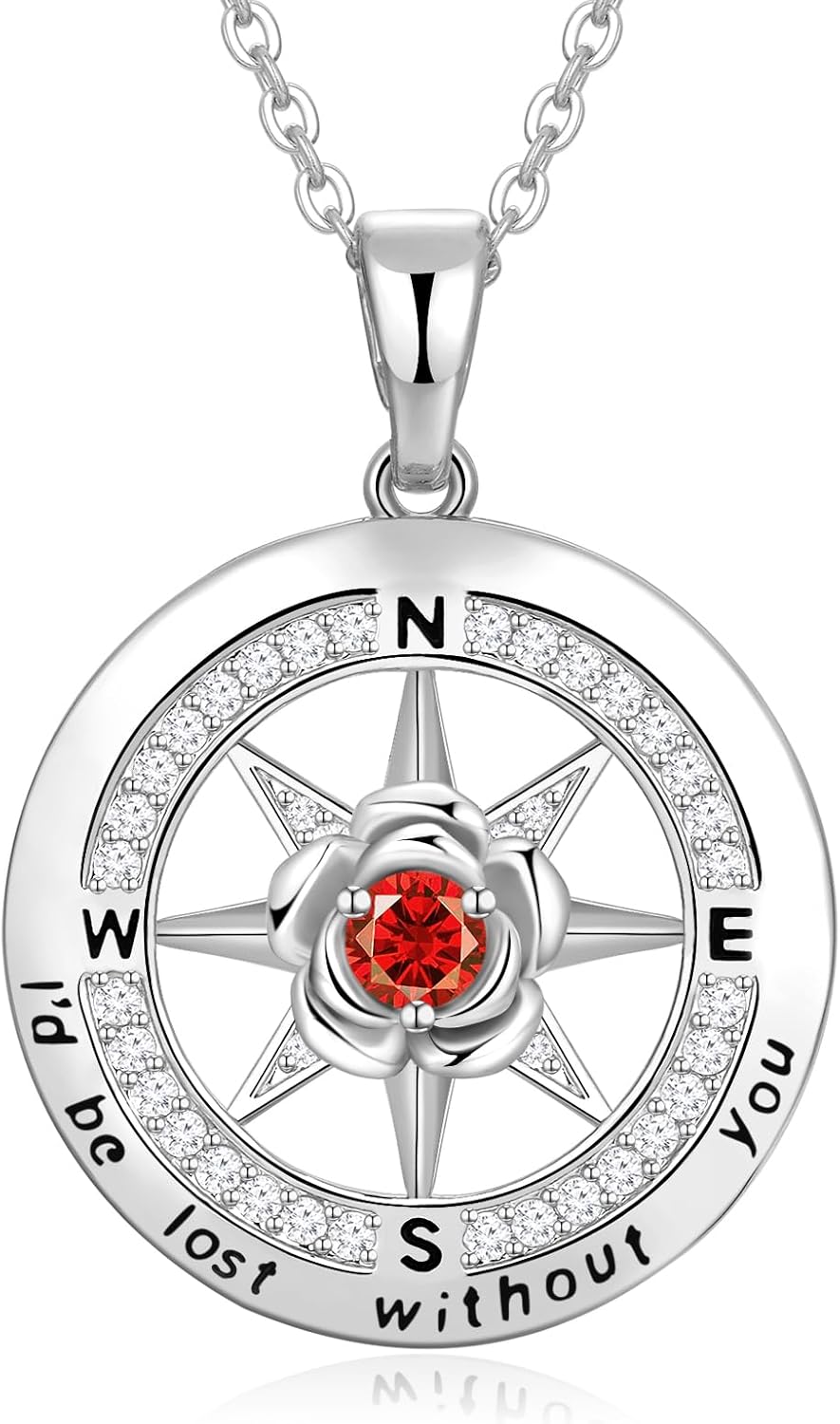Silver Compass Necklace for Women Birthday Gifts for Wife Anniversary Necklace for Women Rose Flower Birthstone Necklaces for Wife Jewelry for Womens Girlfriend Mom Daughter