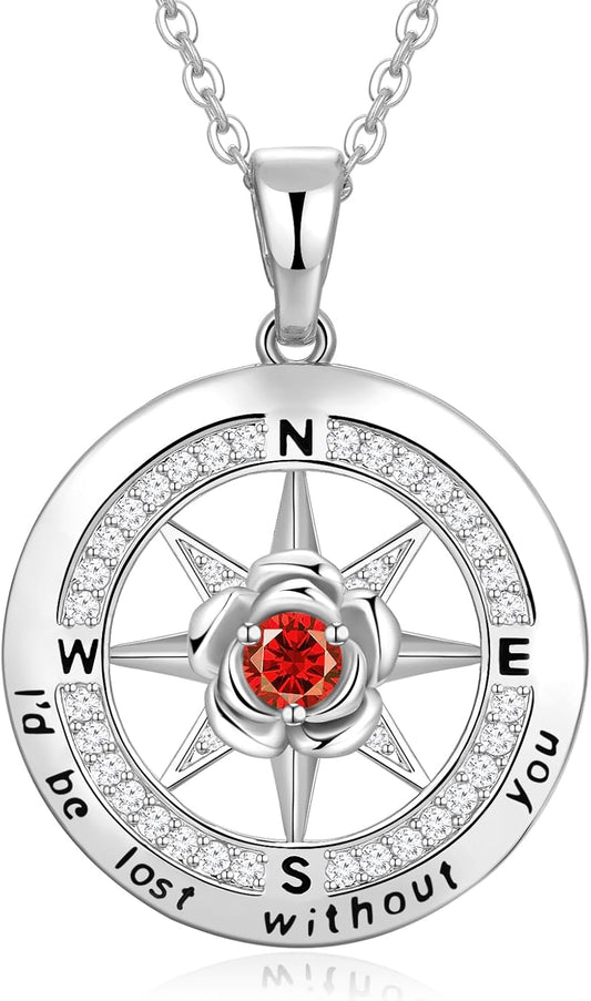 Silver Compass Necklace for Women Birthday Gifts for Wife Anniversary Necklace for Women Rose Flower Birthstone Necklaces for Wife Jewelry for Womens Girlfriend Mom Daughter