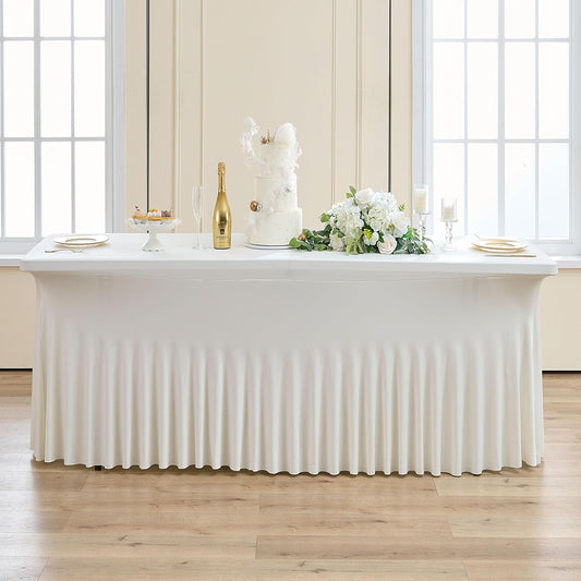 1 pk Ivory Spandex Tablecloth 6ft with Ruffle Skirts,Wrinkle Free High Stretch Cream Fitted Tablecloths for 6 Foot Rectangle Tables,Elastic Spandex Table Covers 6 ft for Parties Weddings Banquet