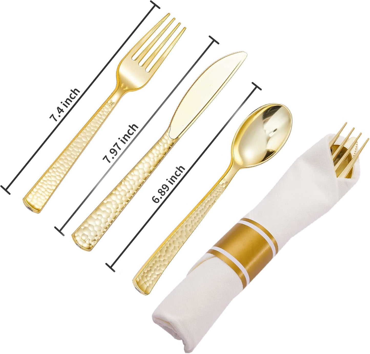 N9R 30 Pack Pre Rolled Gold Plastic Cutlery Set, Wrapped Plastic Silverware Set with 30 Forks, 30 Knives, 30 Spoons and 30 Napkins, Disposable Cutlery Set for Party and Wedding