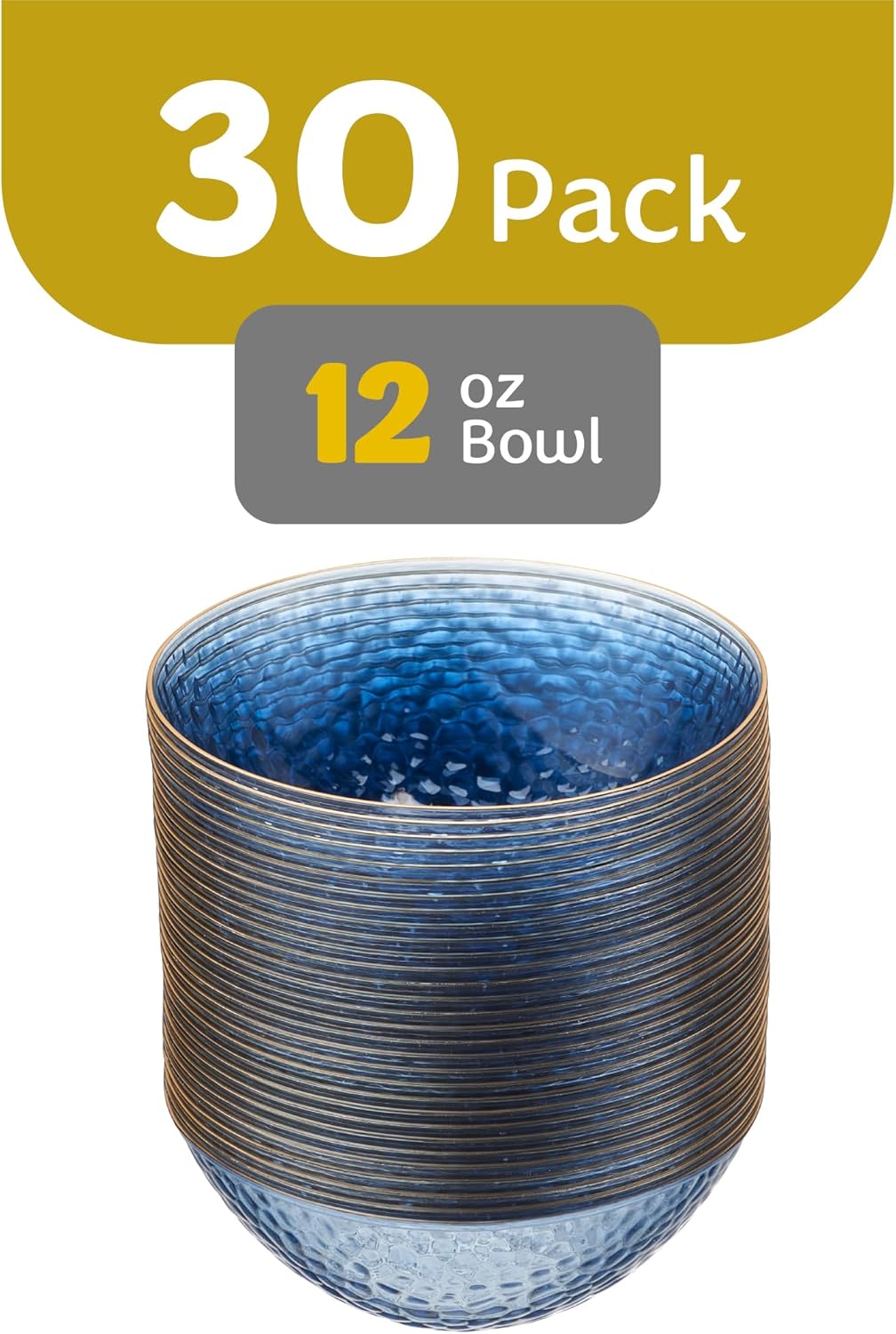 PLASTICPRO 30 Pack 12 Ounce Hammered Plastic Bowls Translucent Blue with Gold Rim Heavyweight Disposable Plastic Soup Bowls Elegant Translucent Hammered Gold Rim Platsic Party Dishes