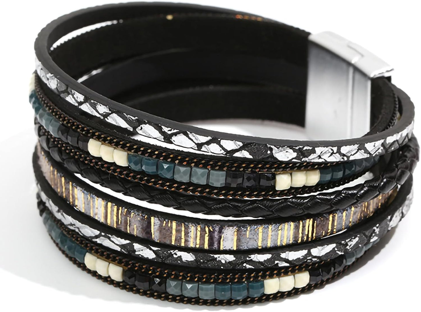 Fesciory Leather Wrap Bracelets for Women, Boho Leopard Multi-Layer Crystal Beads Cuff Bracelet Jewelry